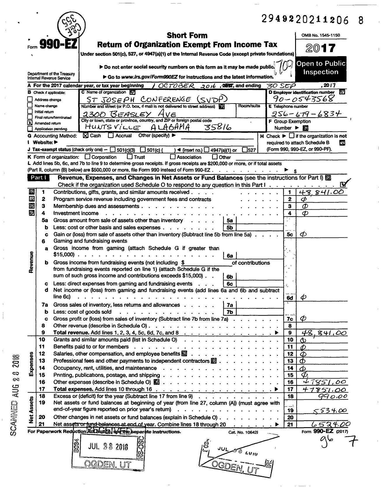 Image of first page of 2016 Form 990EO for Society of St Vincent de Paul St Joseph Huntsville Conference