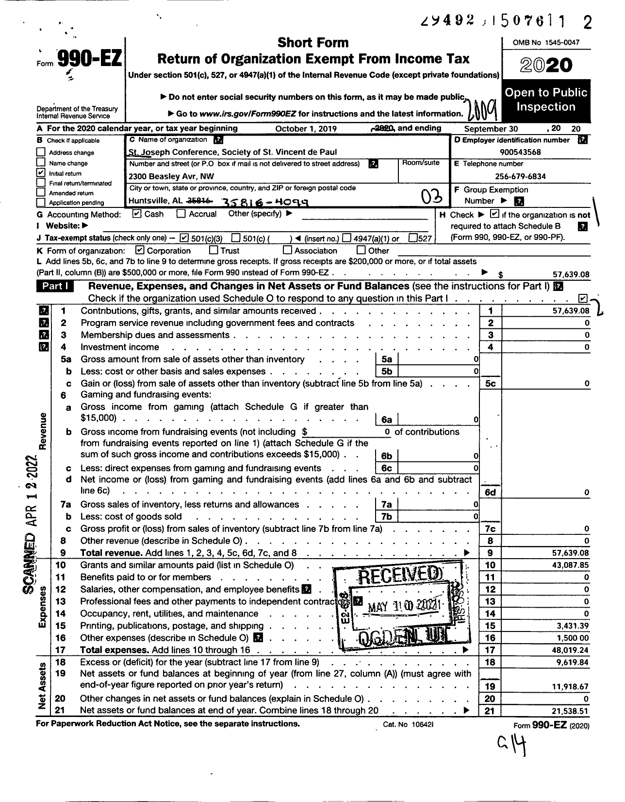 Image of first page of 2019 Form 990EZ for Society of St Vincent de Paul St Joseph Huntsville Conference