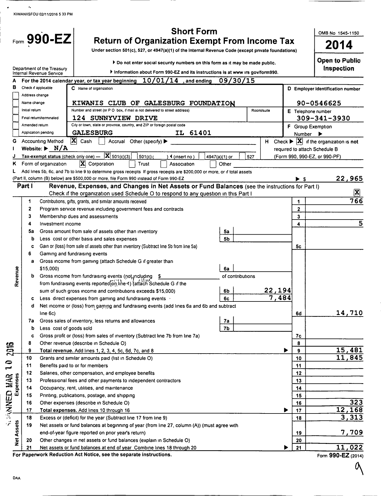 Image of first page of 2014 Form 990EZ for Kiwanis Club of Galesburg Foundation