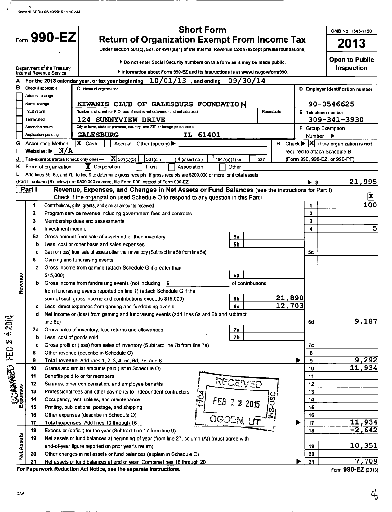 Image of first page of 2013 Form 990EZ for Kiwanis Club of Galesburg Foundation