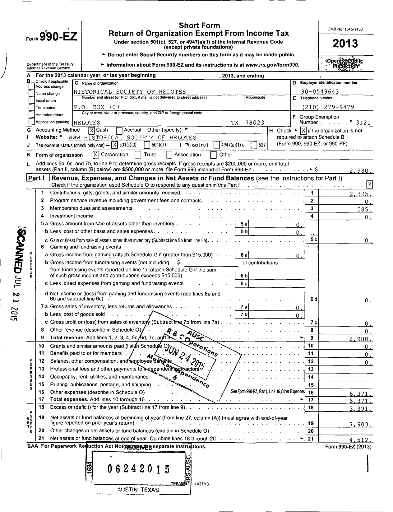 Image of first page of 2013 Form 990EZ for Historical Society of Helotes