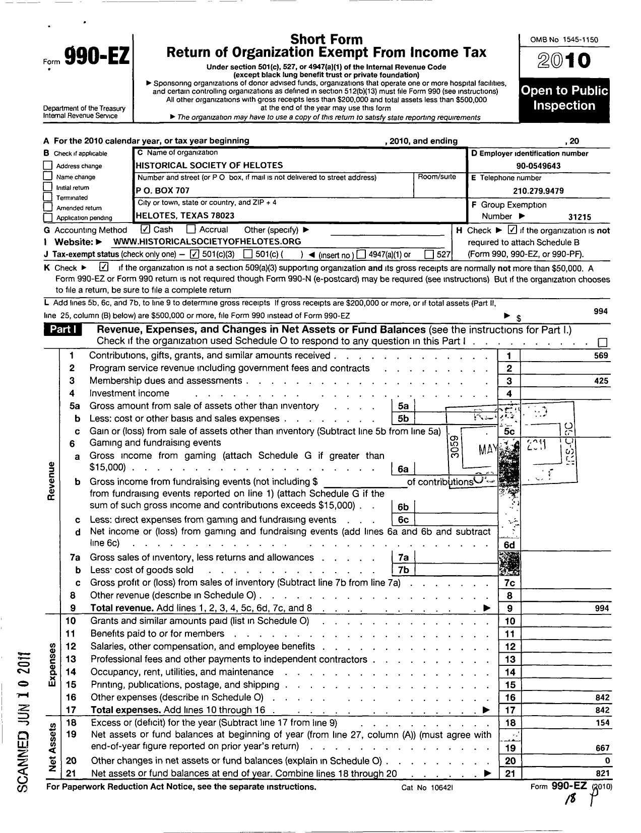 Image of first page of 2010 Form 990EZ for Historical Society of Helotes