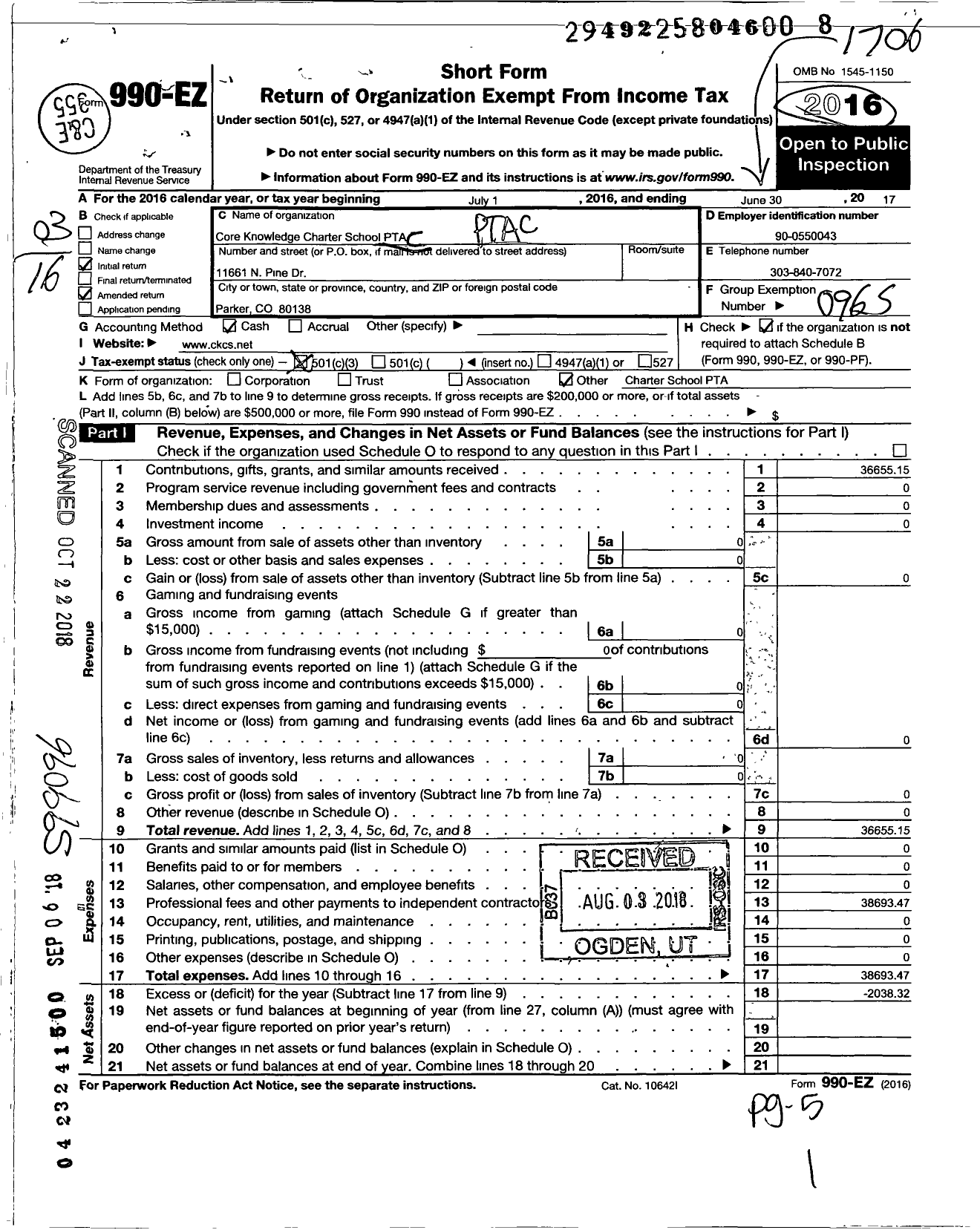 Image of first page of 2015 Form 990EZ for PTA Colorado Congress / Core Knowledge Charter School PTA