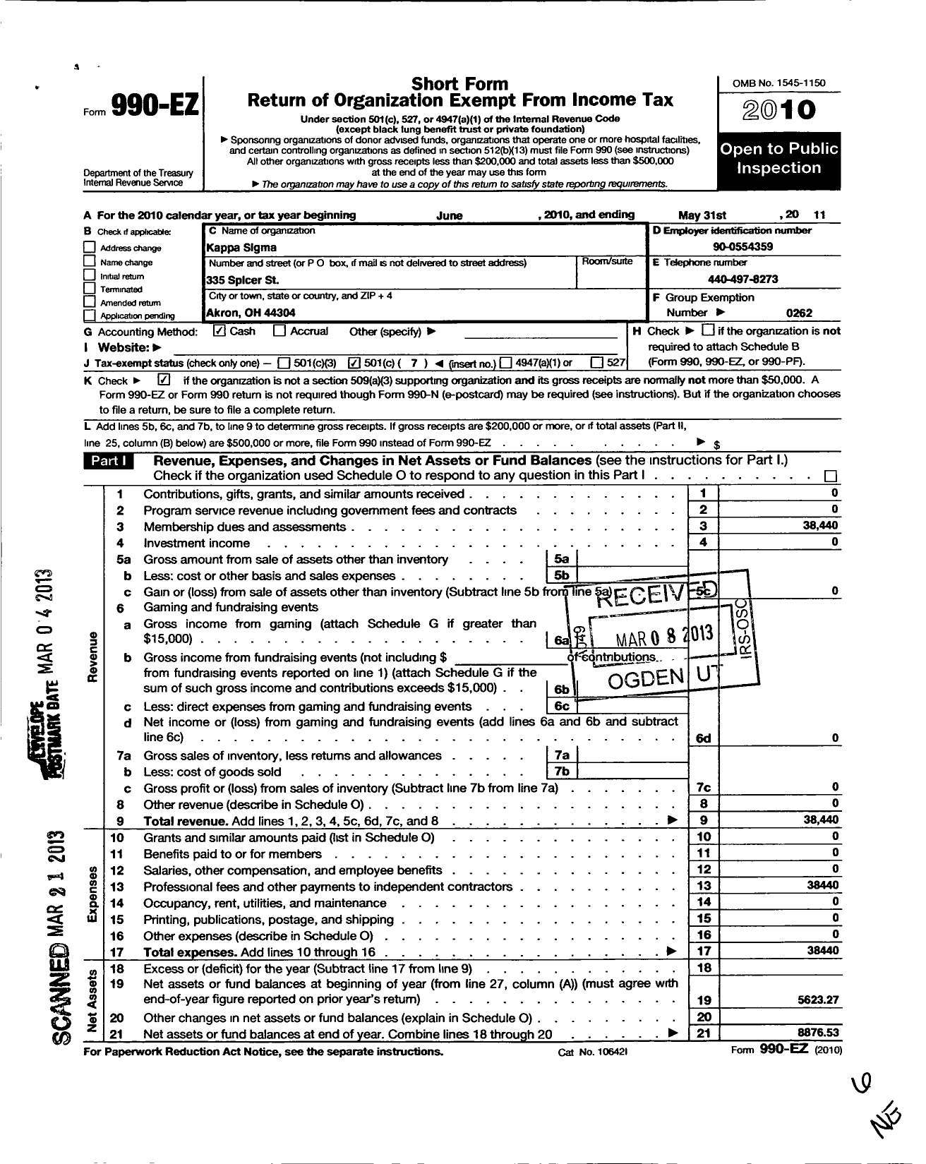 Image of first page of 2010 Form 990EO for Kappa Sigma Fraternity - Pi-Rho Chapter University of Akron