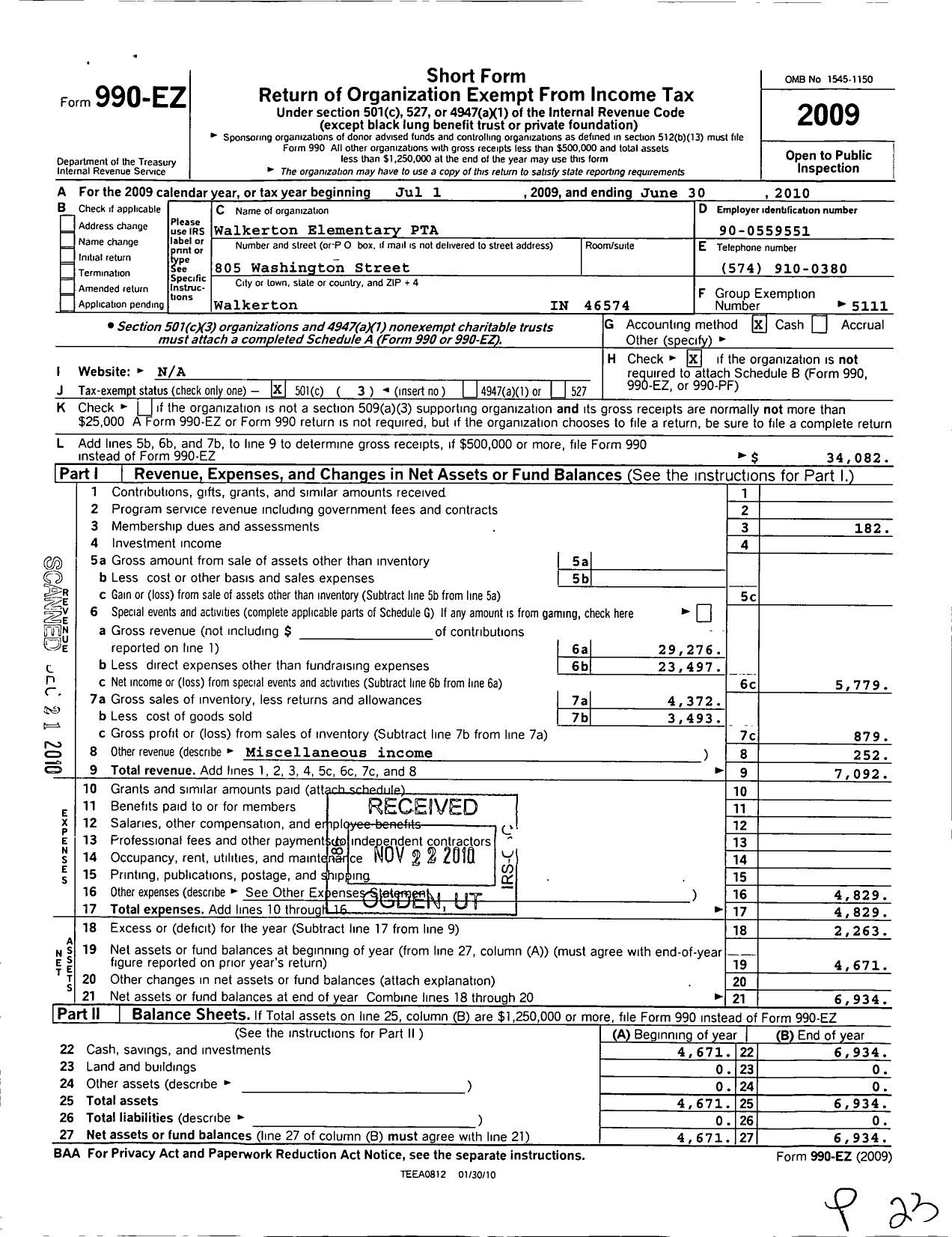 Image of first page of 2009 Form 990EZ for Indiana Congress of Parents and Teachers / Walkerton Elementary PTA