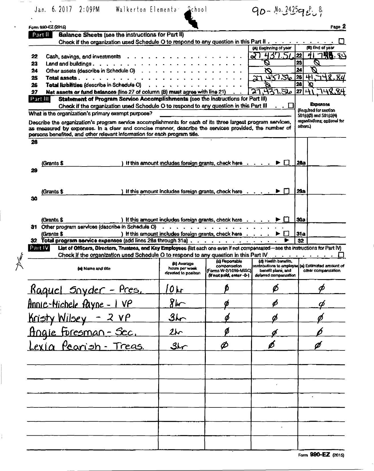 Image of first page of 2015 Form 990ER for Indiana Congress of Parents and Teachers / Walkerton Elementary PTA