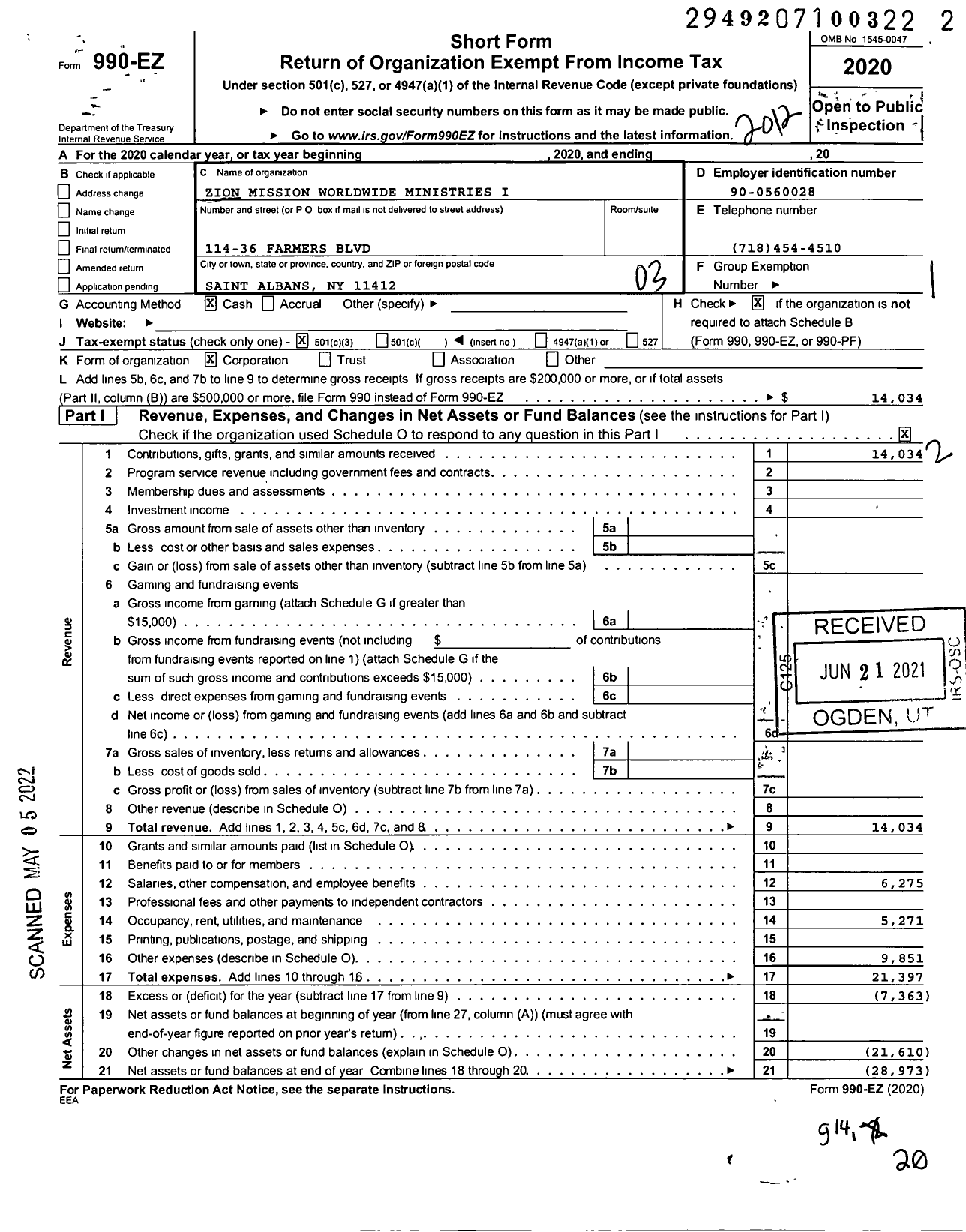 Image of first page of 2020 Form 990EZ for Zion Mission Worldwide Ministries I