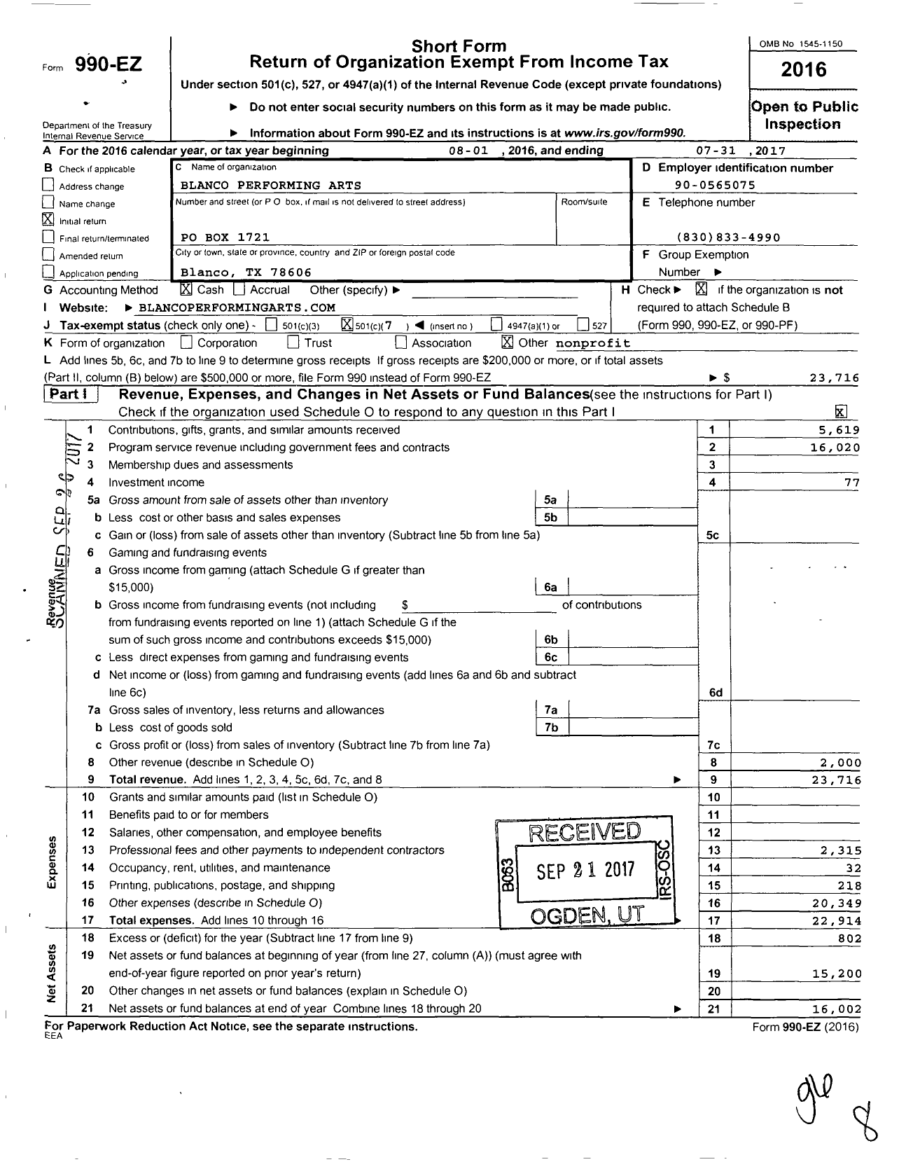 Image of first page of 2016 Form 990EO for Blanco Performing Arts