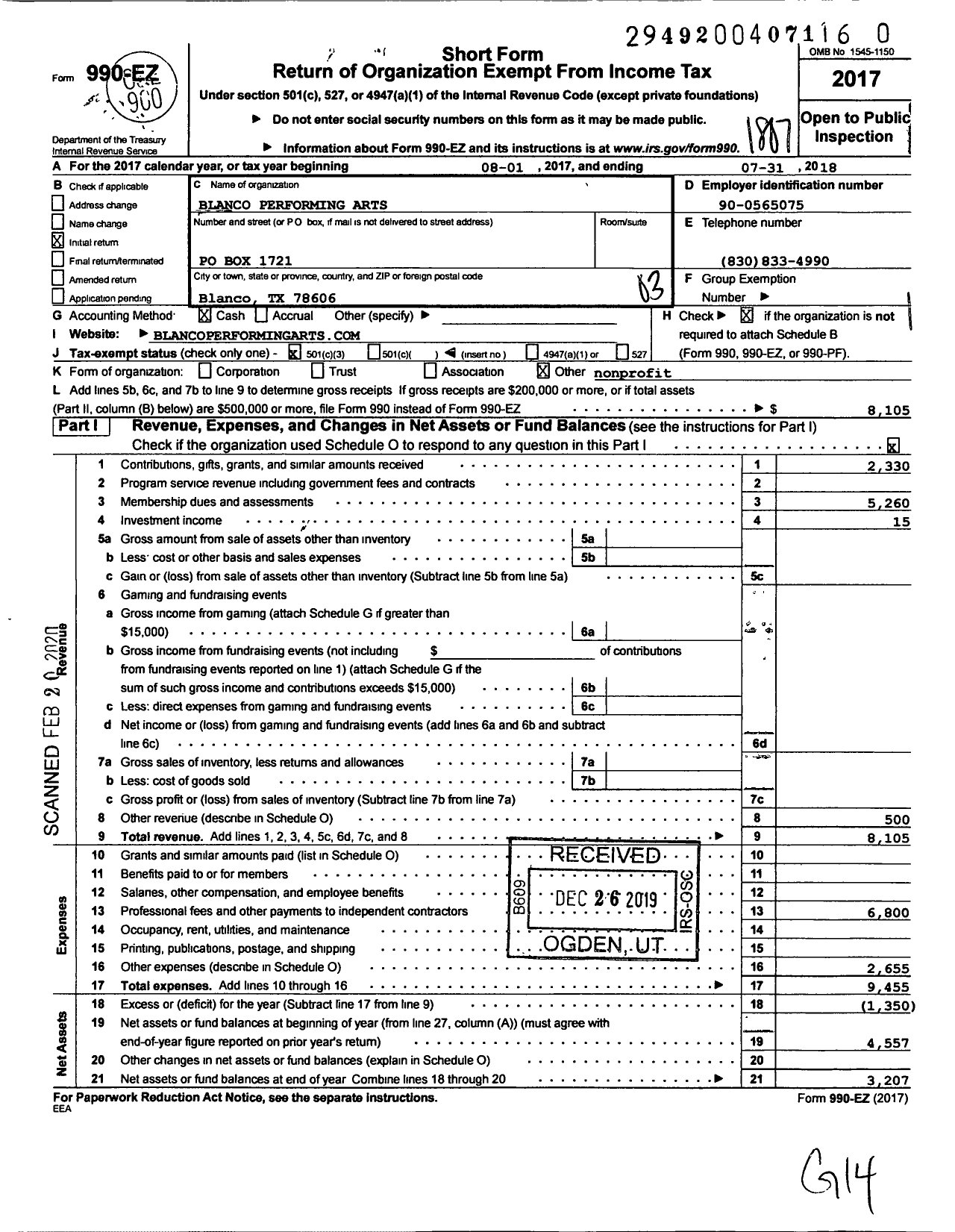 Image of first page of 2017 Form 990EZ for Blanco Performing Arts