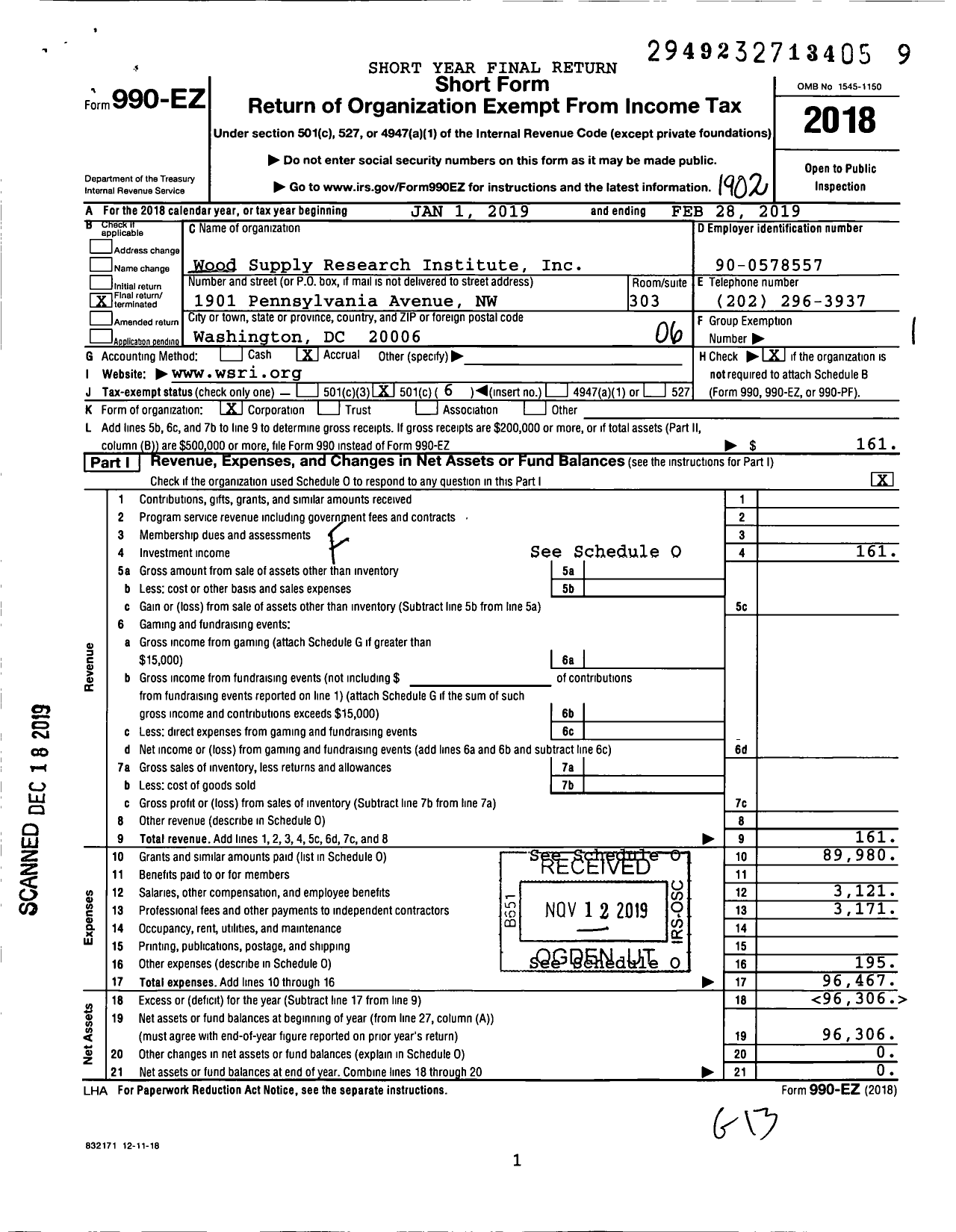 Image of first page of 2018 Form 990EO for Wood Supply Research Institute