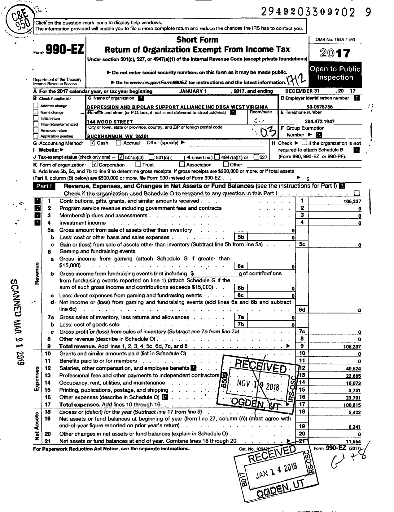 Image of first page of 2017 Form 990EZ for Depression Bipolar Support Alliance