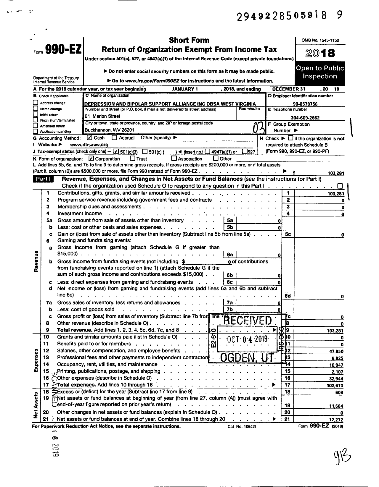 Image of first page of 2018 Form 990EZ for Depression Bipolar Support Alliance