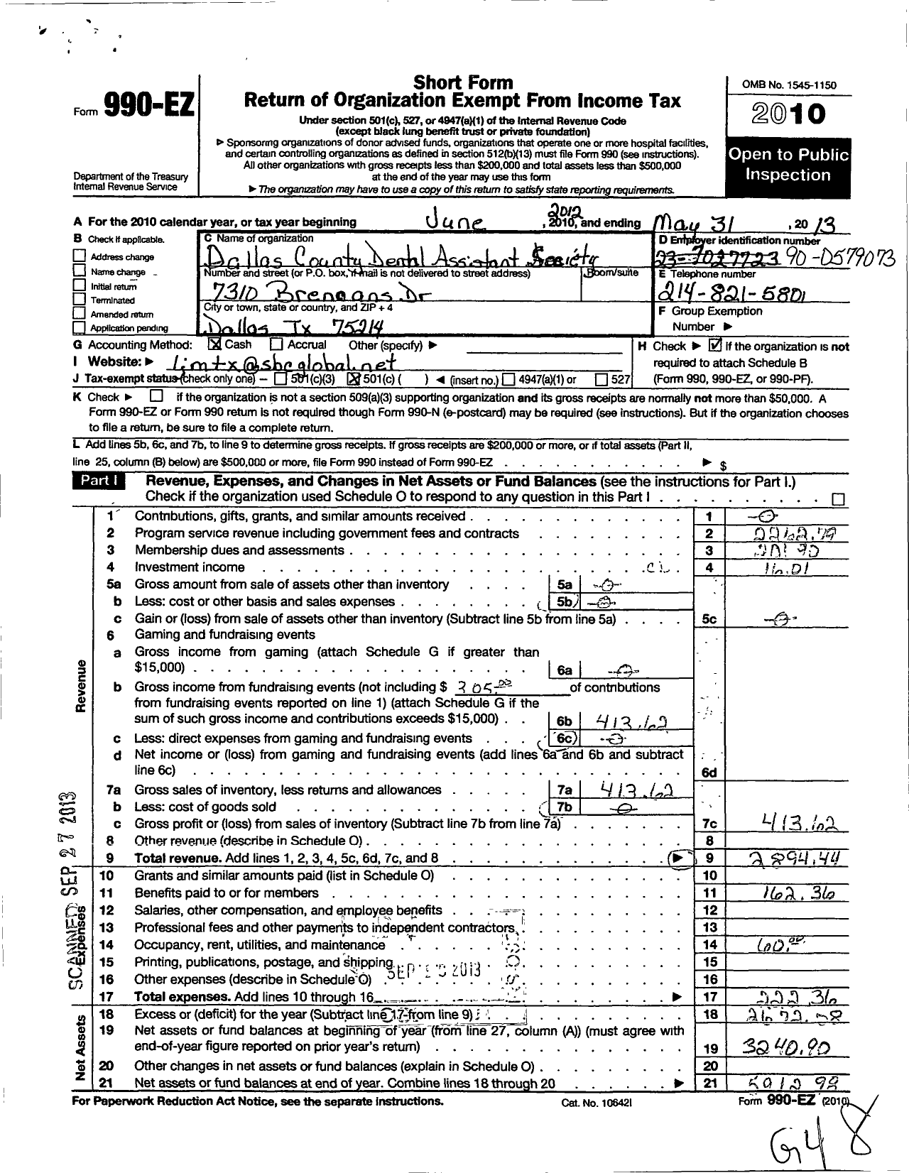 Image of first page of 2012 Form 990EO for American Dental Assistants Association Dallas County Society