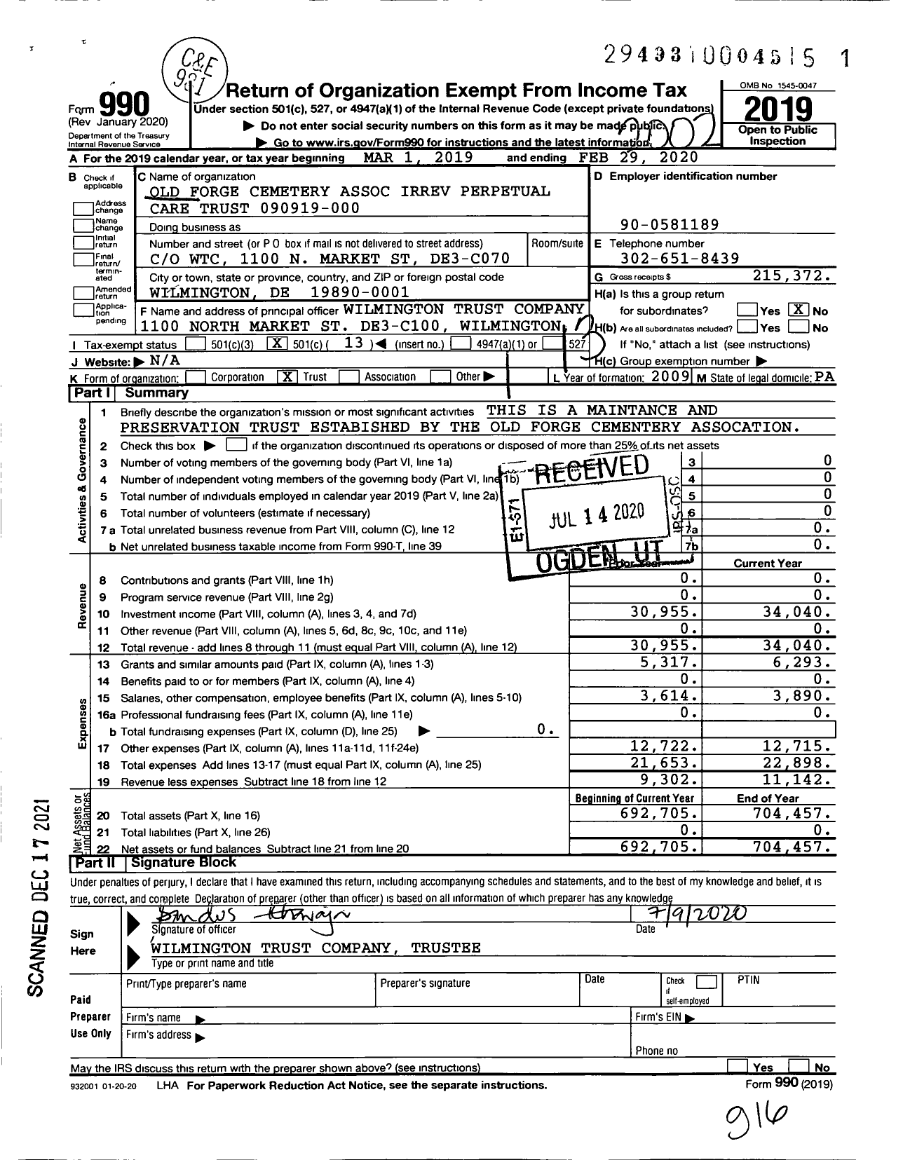 Image of first page of 2019 Form 990O for Old Forge Cemetery Association Irrev