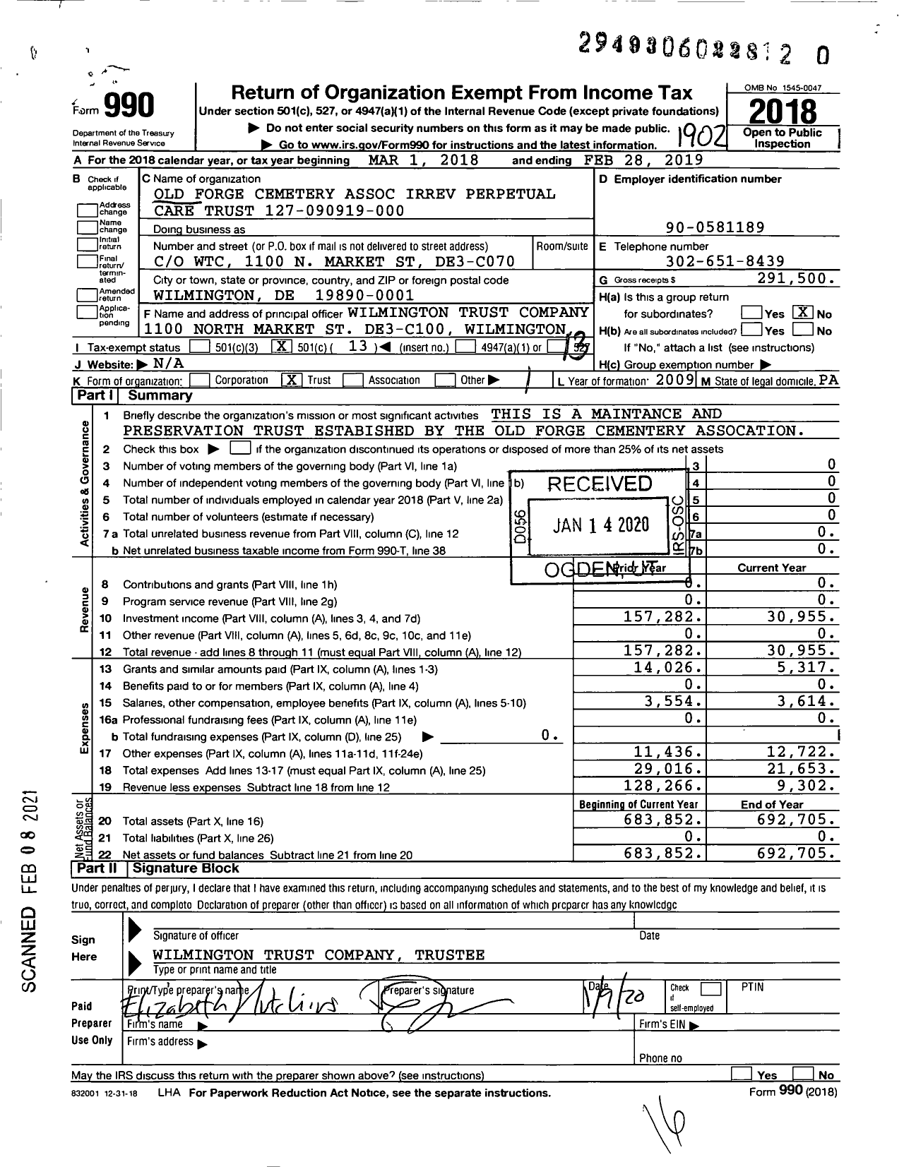 Image of first page of 2018 Form 990O for Old Forge Cemetery Association Irrev