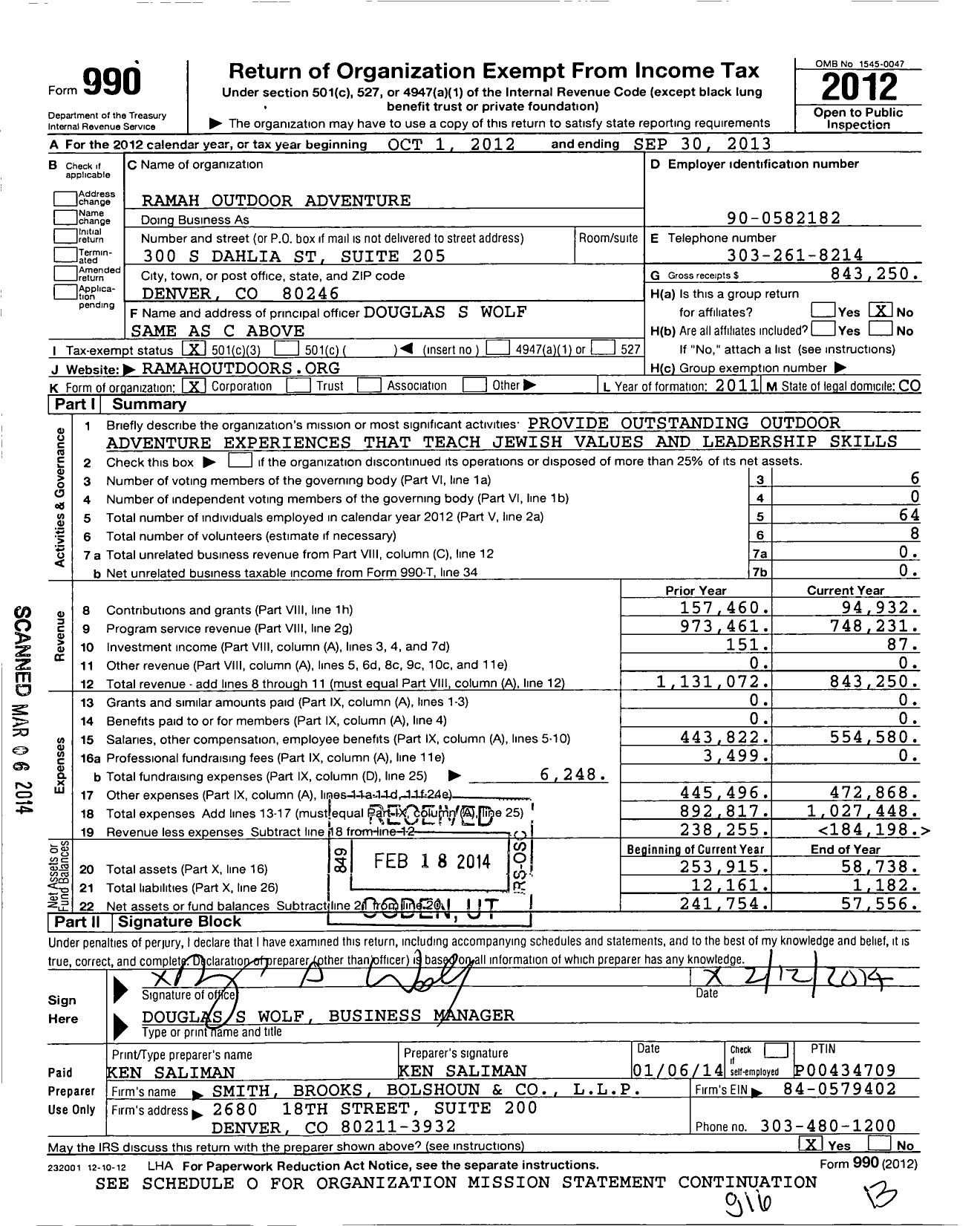 Image of first page of 2012 Form 990 for Ramah Outdoor ADVENTURE