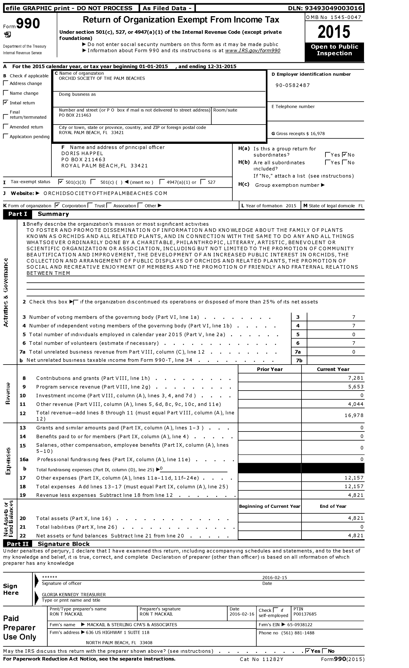 Image of first page of 2015 Form 990 for Orchid Society of the Palm Beaches