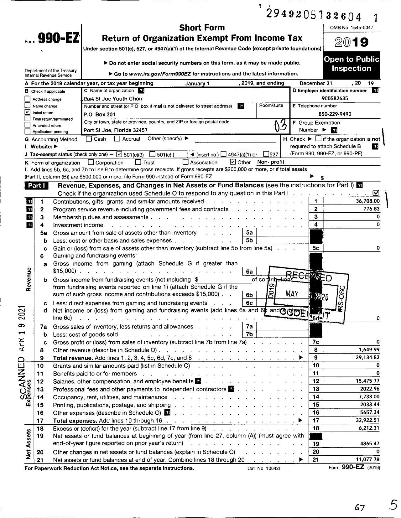 Image of first page of 2019 Form 990EZ for Port St Joe Youth Choir