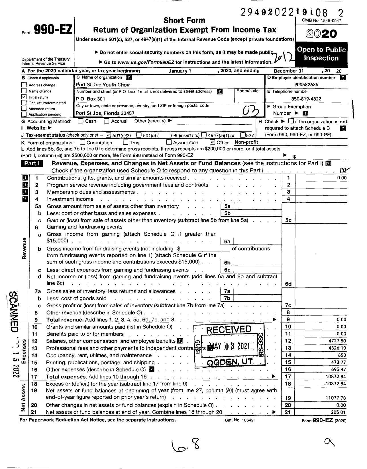 Image of first page of 2020 Form 990EZ for Port St Joe Youth Choir