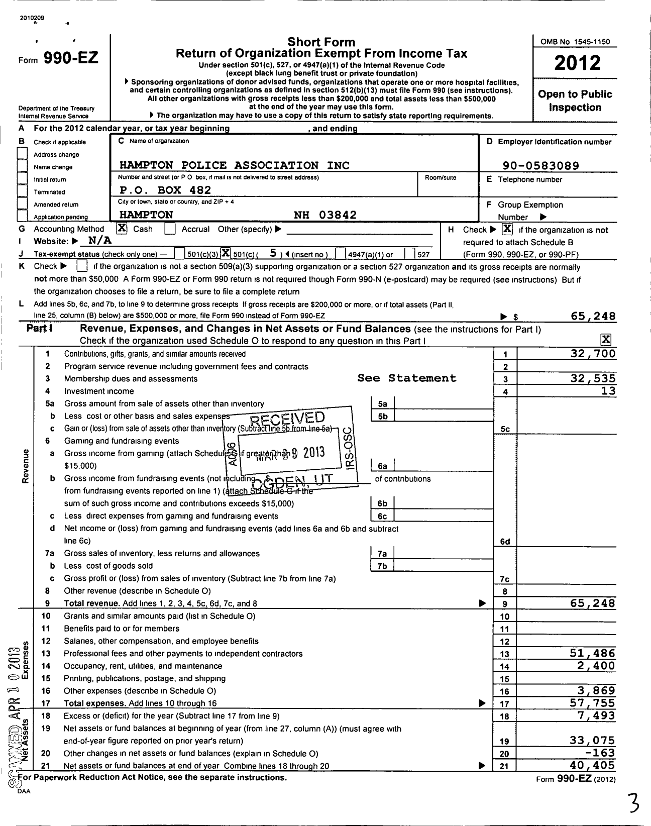 Image of first page of 2012 Form 990EO for Hampton Police Association