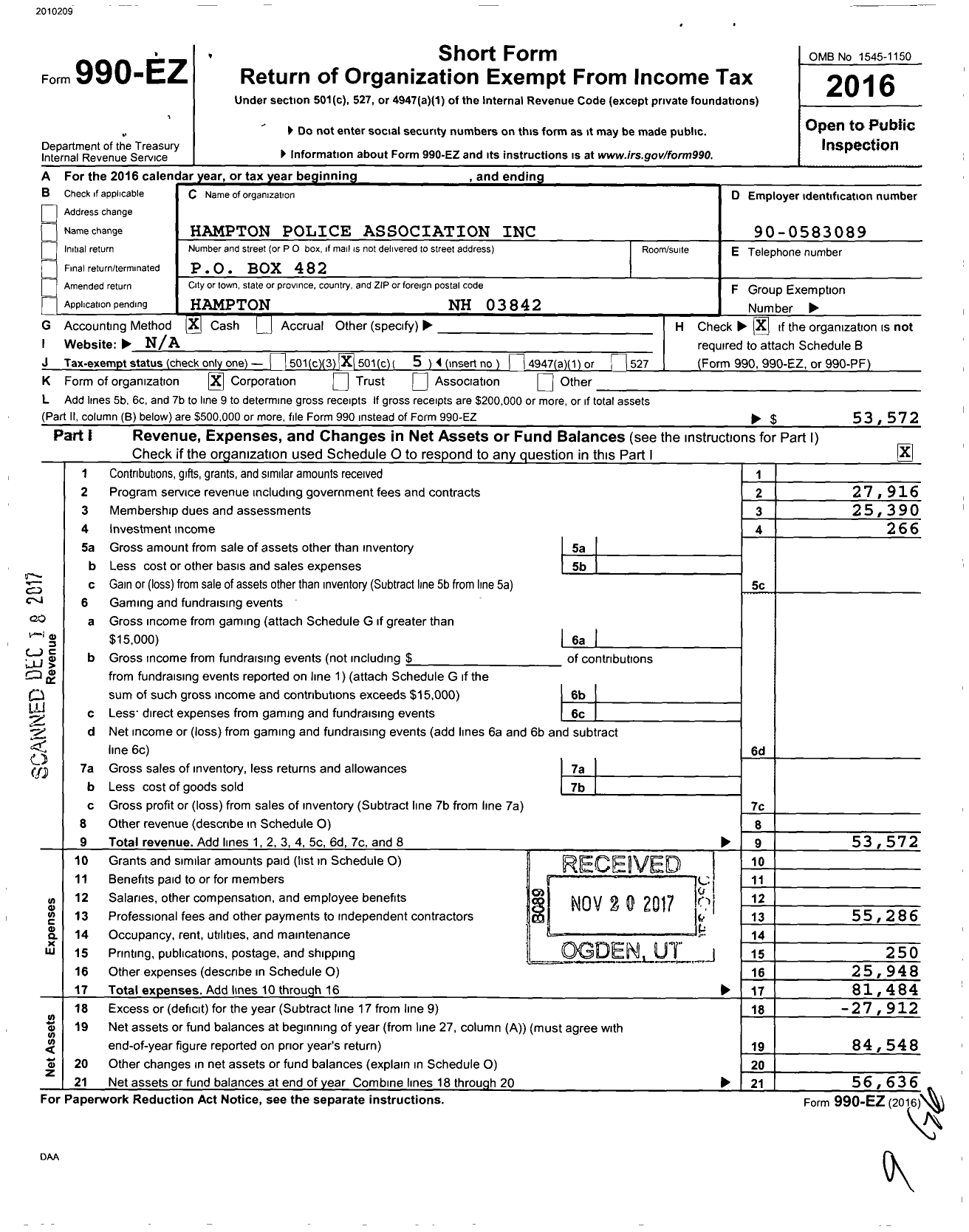 Image of first page of 2016 Form 990EO for Hampton Police Association