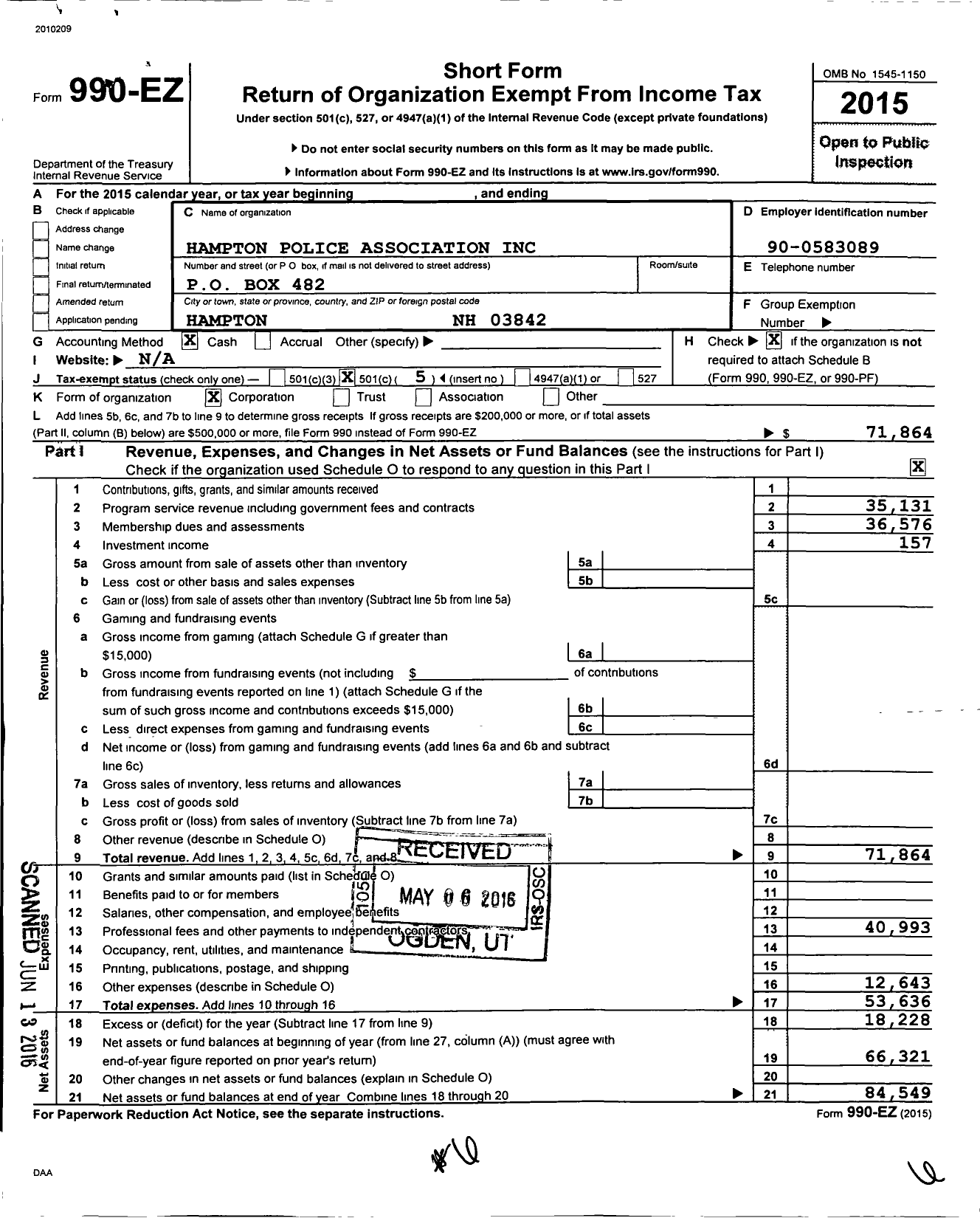 Image of first page of 2015 Form 990EO for Hampton Police Association