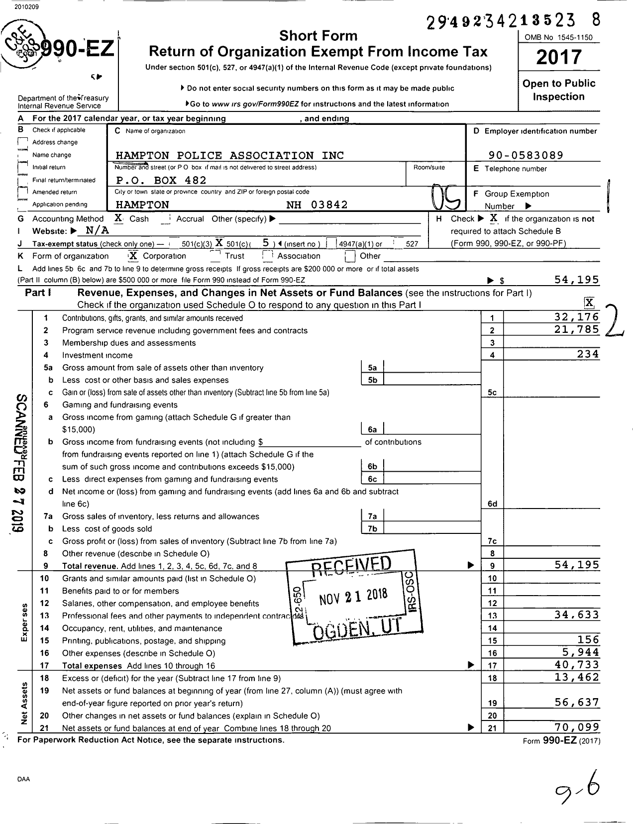 Image of first page of 2017 Form 990EO for Hampton Police Association