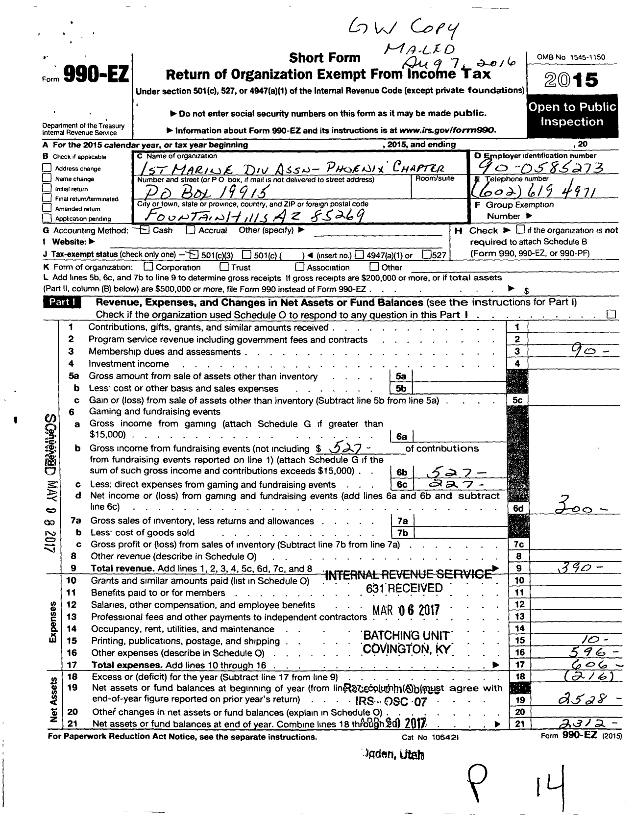 Image of first page of 2015 Form 990EZ for Phoenix Chapter Association of Marines and FMF Corpamen