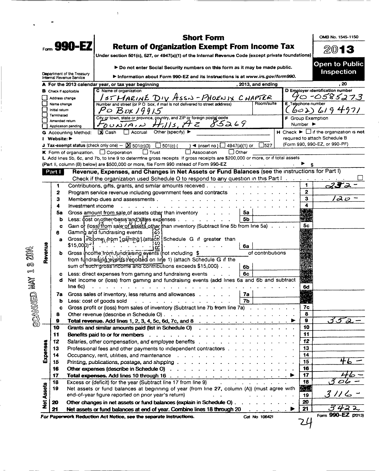 Image of first page of 2013 Form 990EZ for Phoenix Chapter Association of Marines and FMF Corpamen