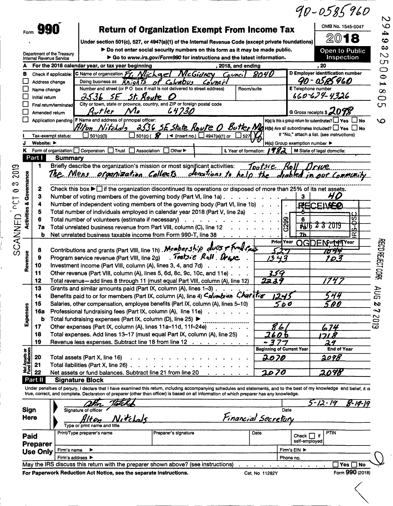 Image of first page of 2018 Form 990O for Knights of Columbus - 8040 Michael Mcgivney Council