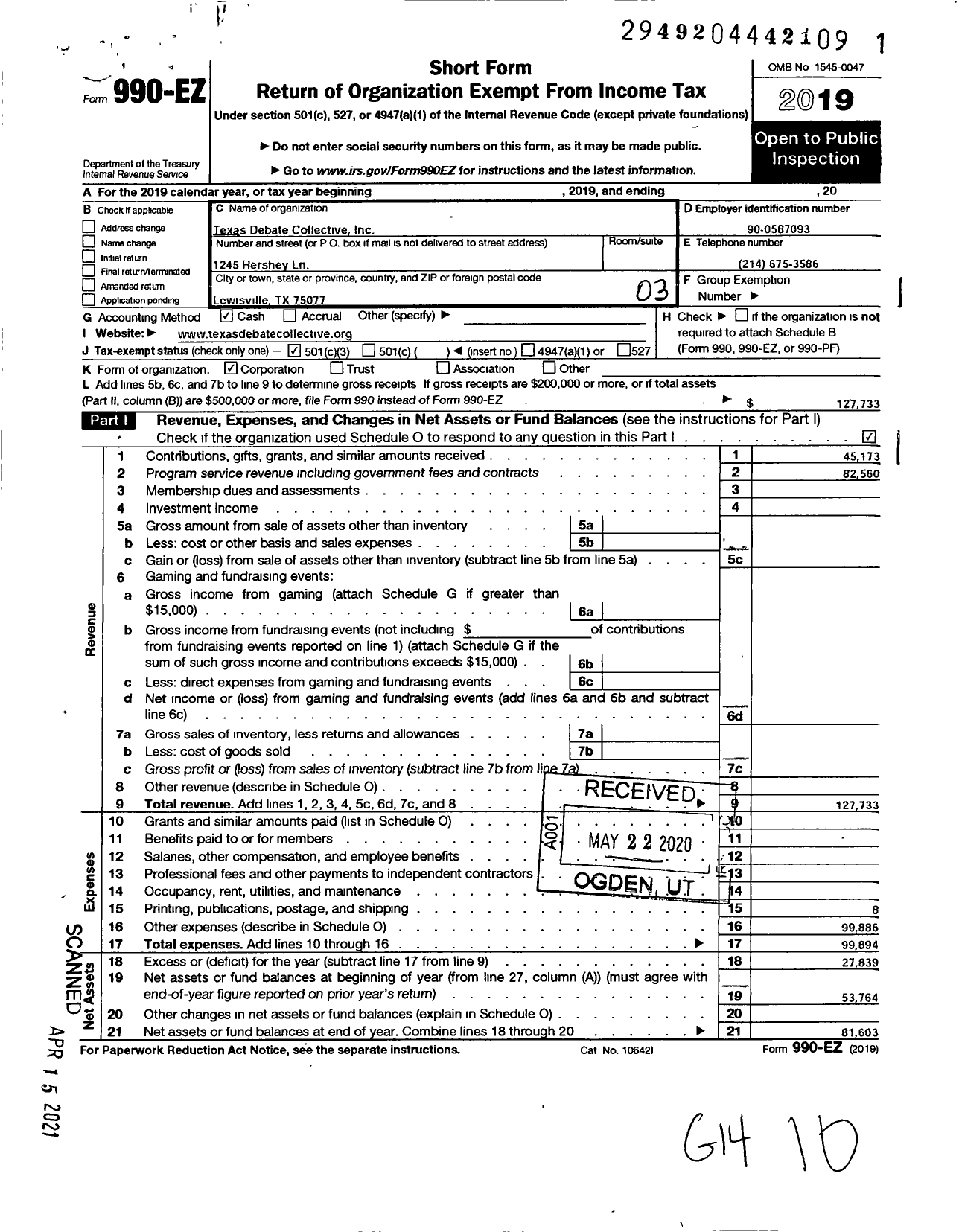 Image of first page of 2019 Form 990EZ for Texas Debate Collective