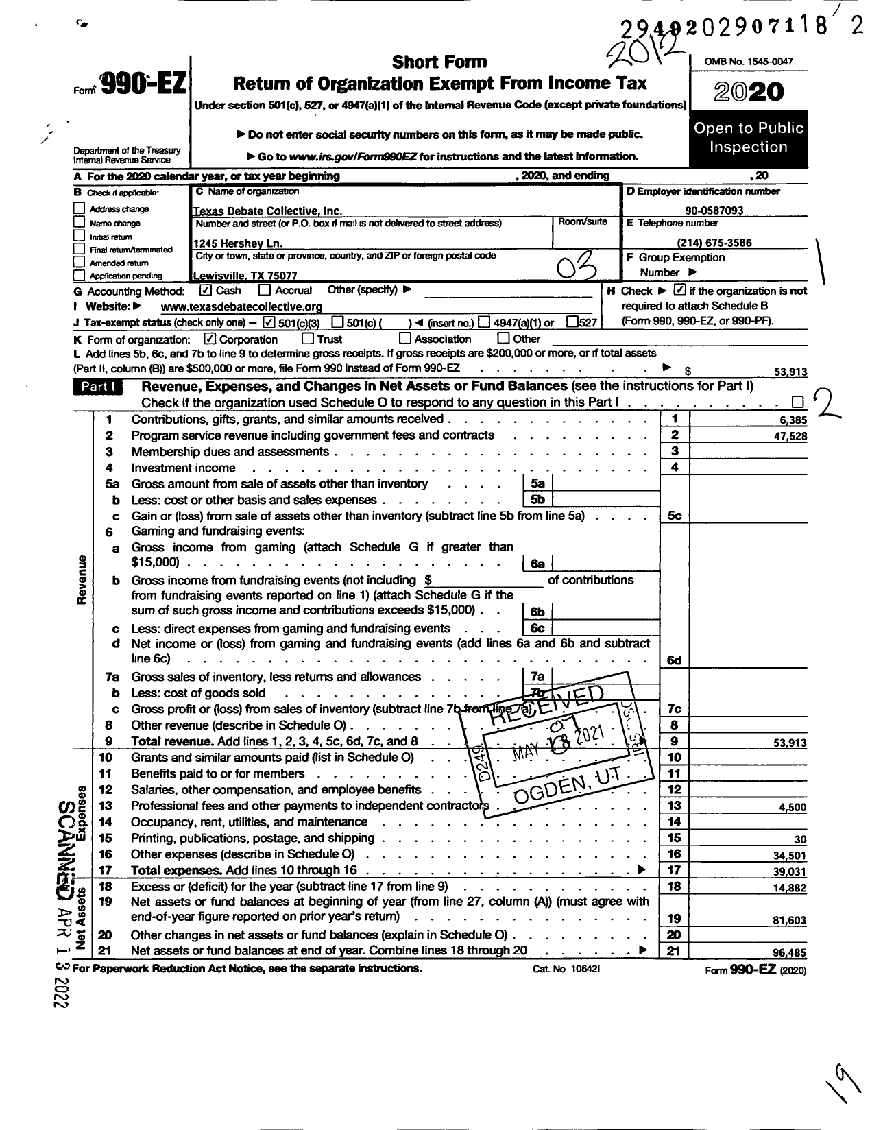 Image of first page of 2020 Form 990EZ for Texas Debate Collective