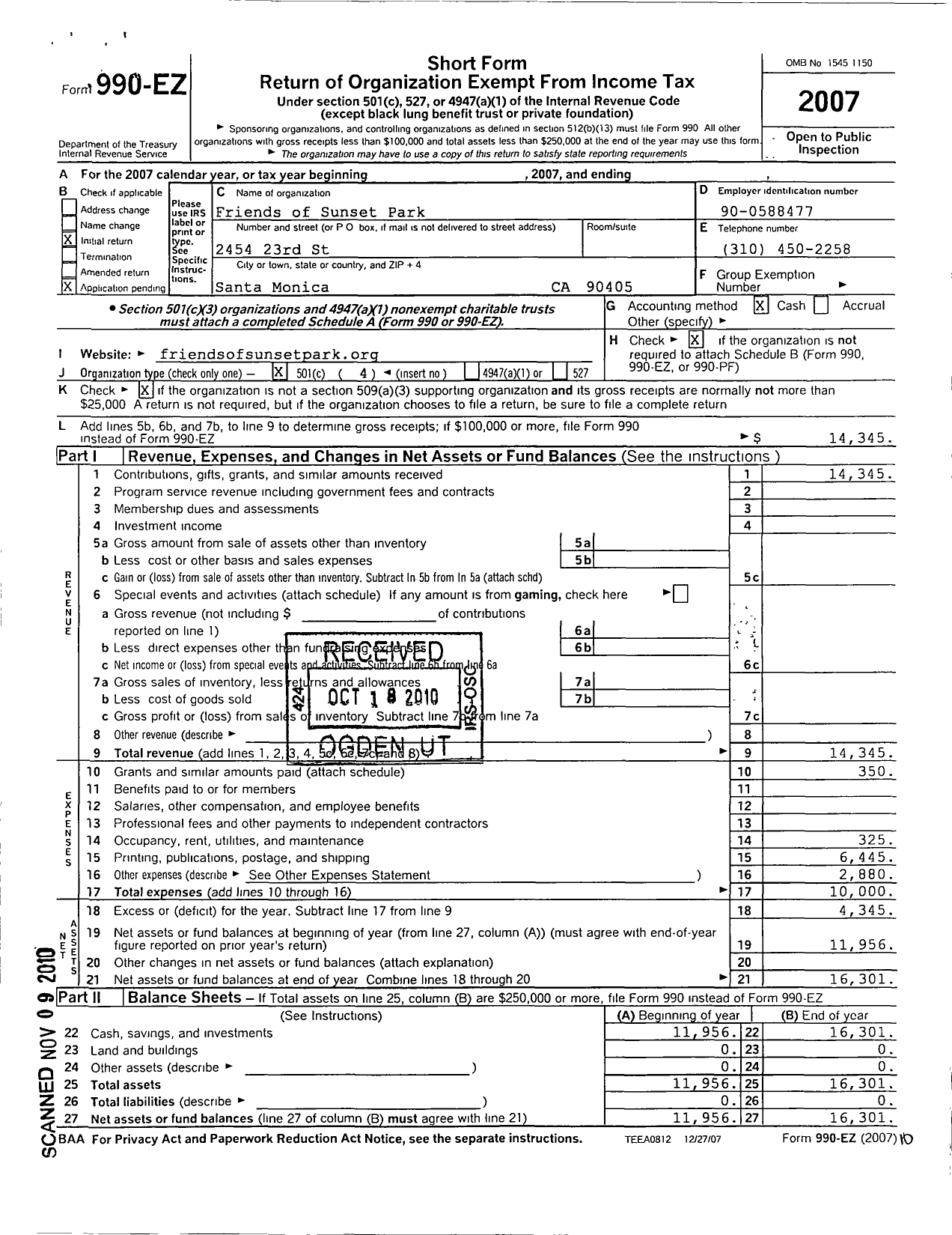 Image of first page of 2007 Form 990EO for Friends of Sunset Park