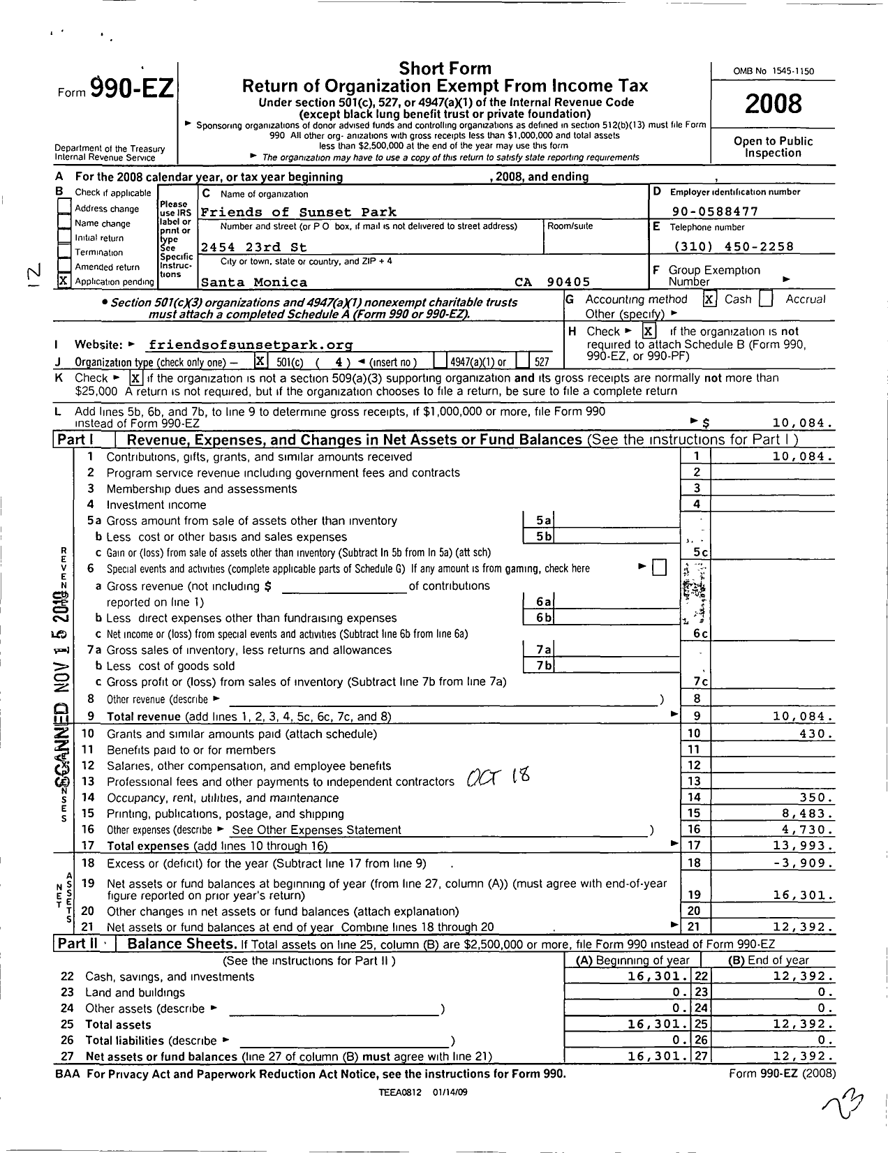 Image of first page of 2008 Form 990EO for Friends of Sunset Park