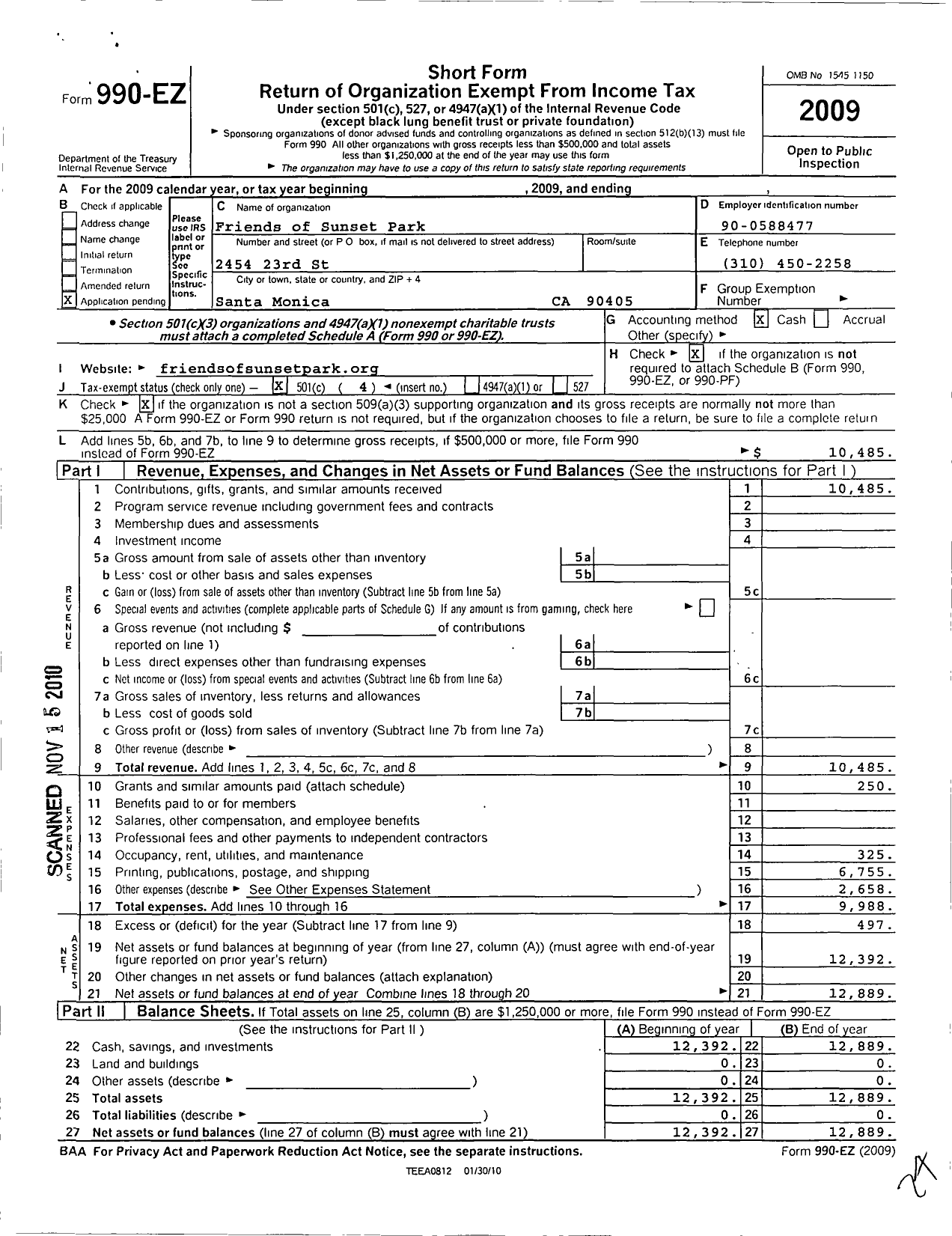 Image of first page of 2009 Form 990EO for Friends of Sunset Park