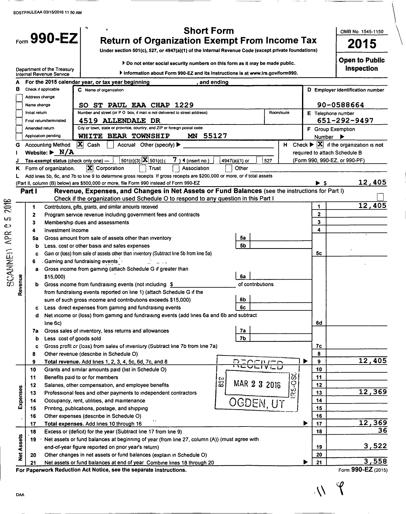 Image of first page of 2015 Form 990EO for So St Paul Eaa Chap 1229