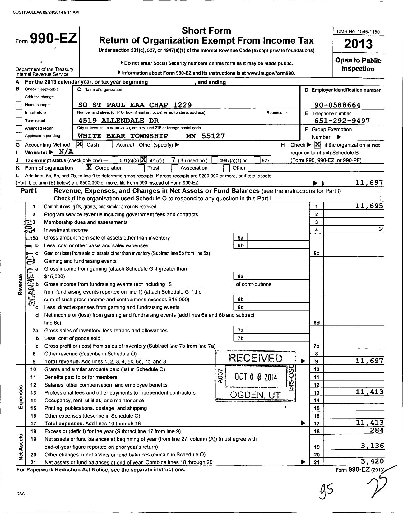 Image of first page of 2013 Form 990O for So St Paul Eaa Chap 1229