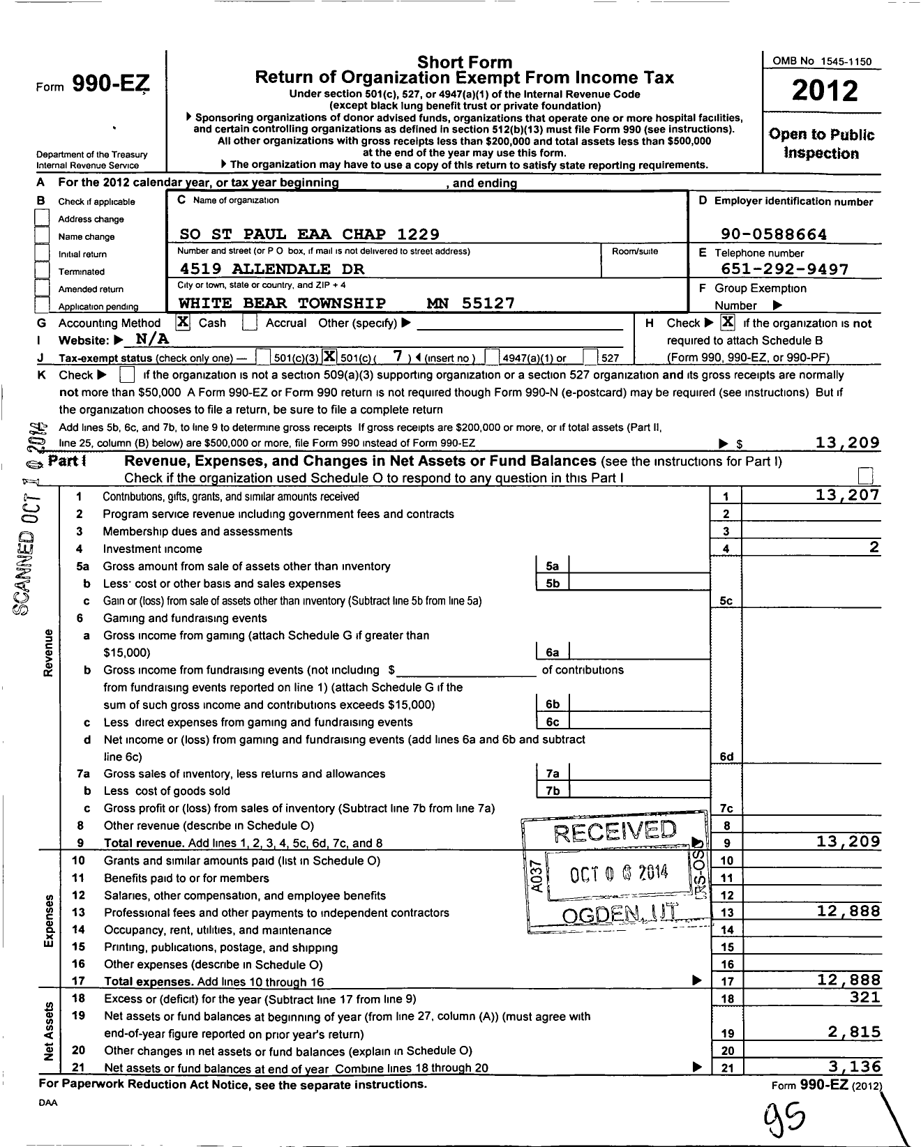 Image of first page of 2012 Form 990EO for So St Paul Eaa Chap 1229