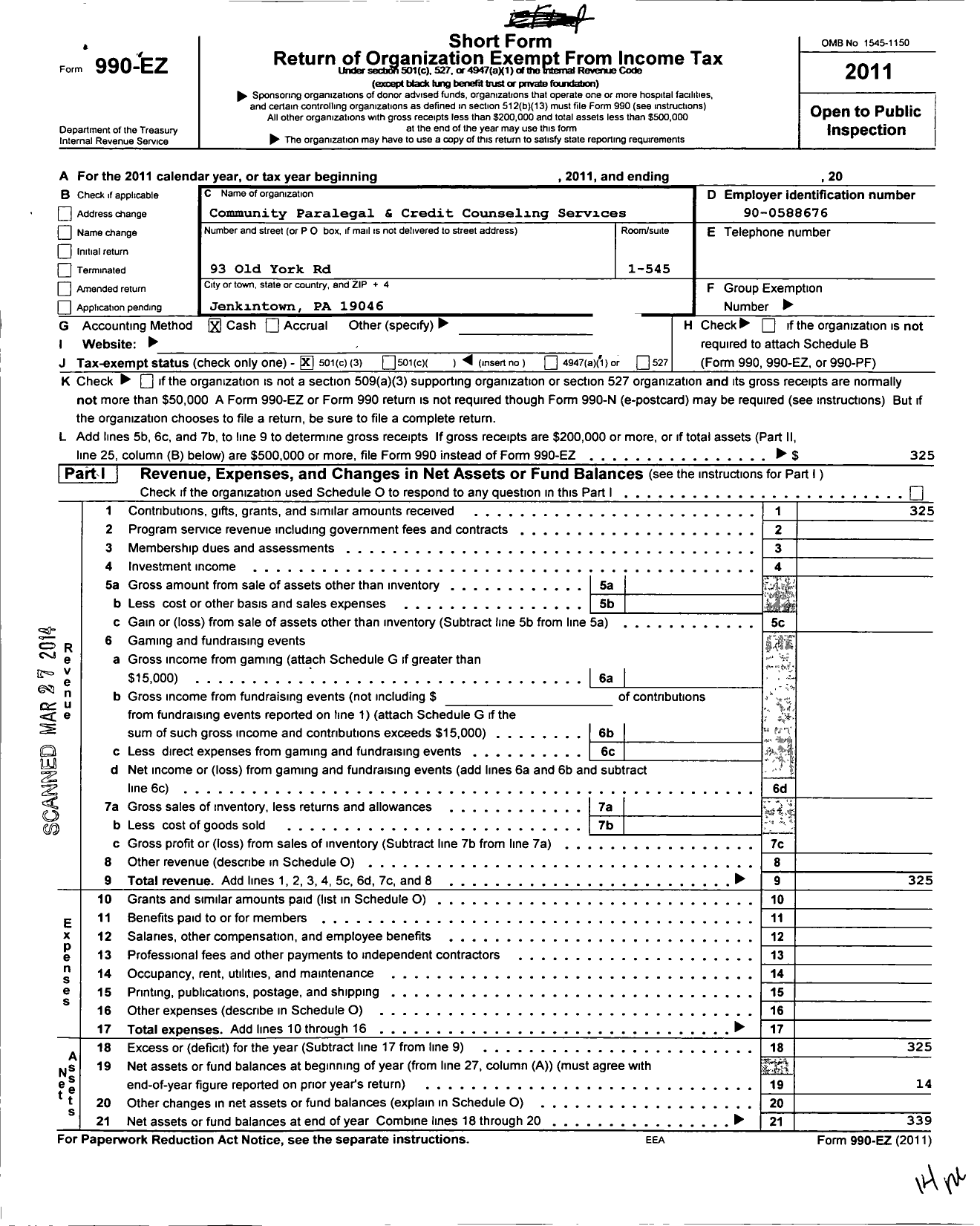 Image of first page of 2011 Form 990EZ for Community Financial & Credit Counseling Services I