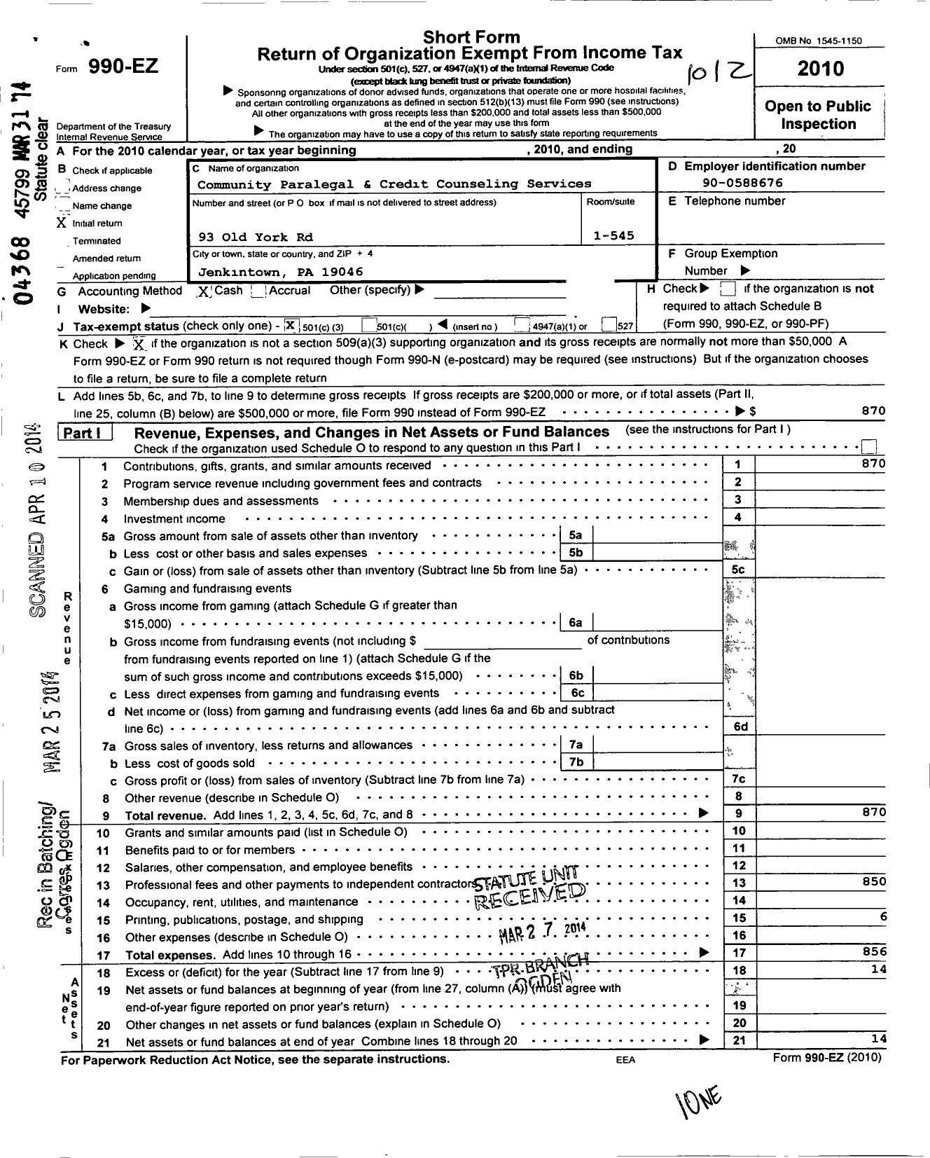 Image of first page of 2010 Form 990EZ for Community Financial & Credit Counseling Services I