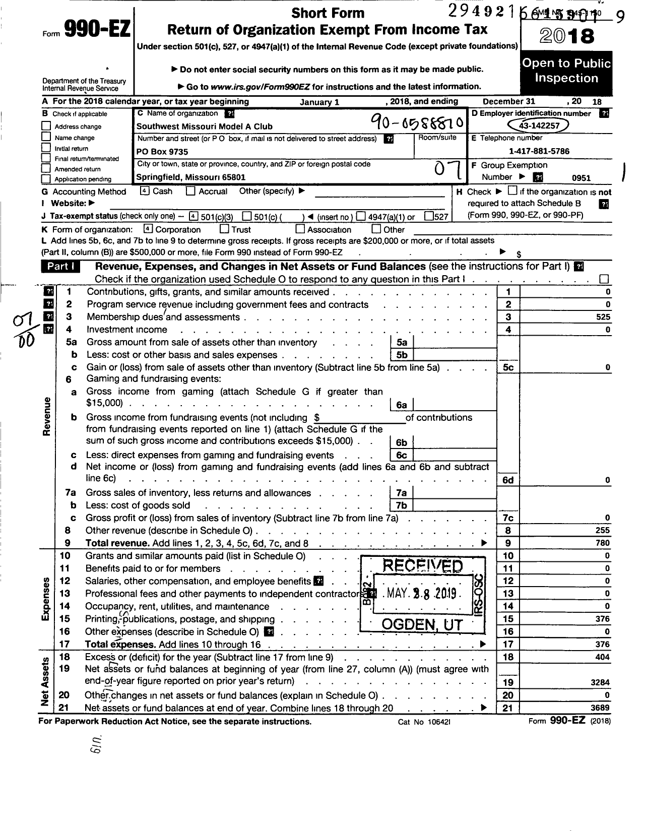 Image of first page of 2018 Form 990EO for S W Missouri Model A Club