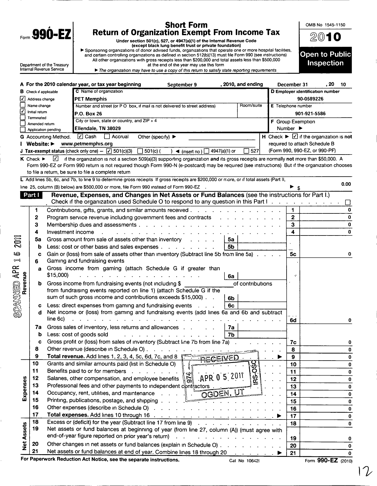 Image of first page of 2010 Form 990EZ for Pet Memphis