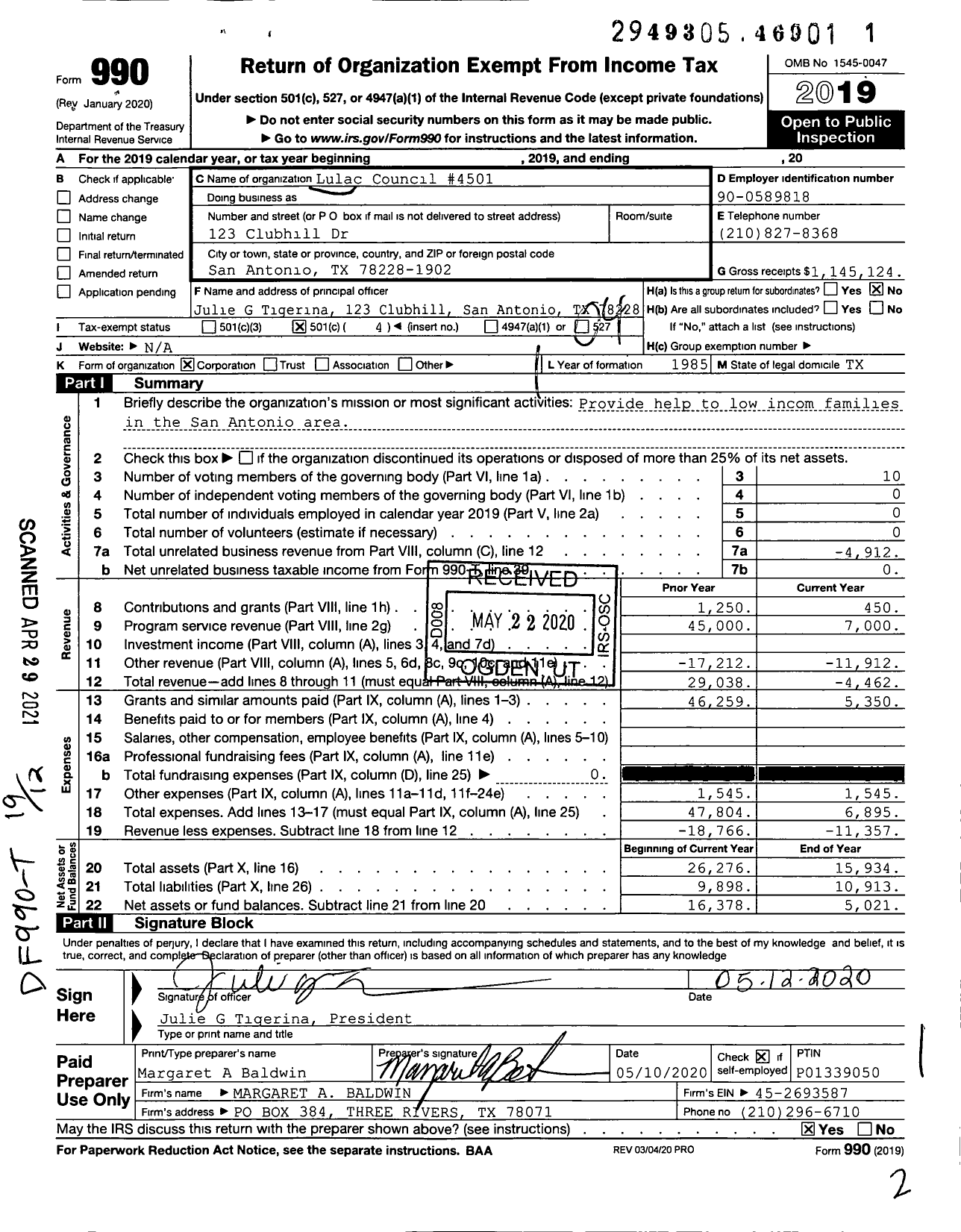 Image of first page of 2019 Form 990O for League of United Latin America Citizens - 4501 Lulac Council