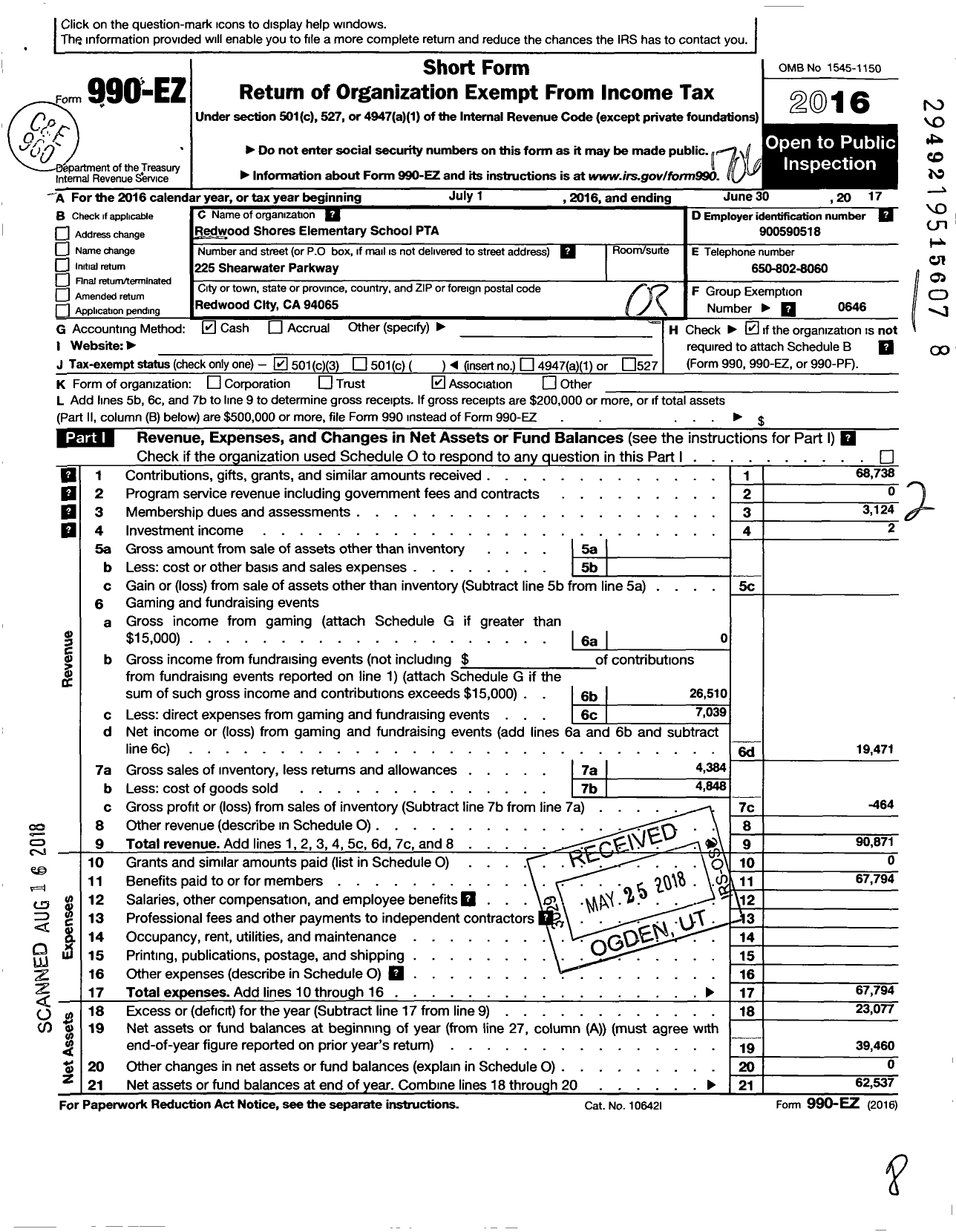 Image of first page of 2016 Form 990EZ for California State PTA - Redwood Shores Elementary School PT