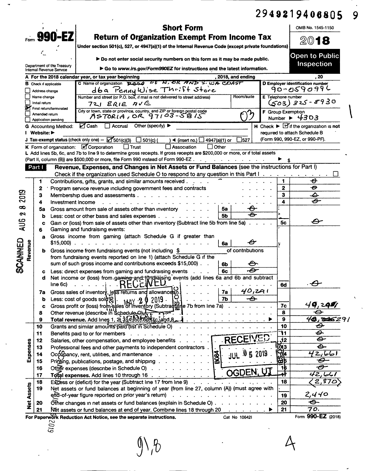 Image of first page of 2018 Form 990EZ for Dbsa of N Or and S Wa Coast