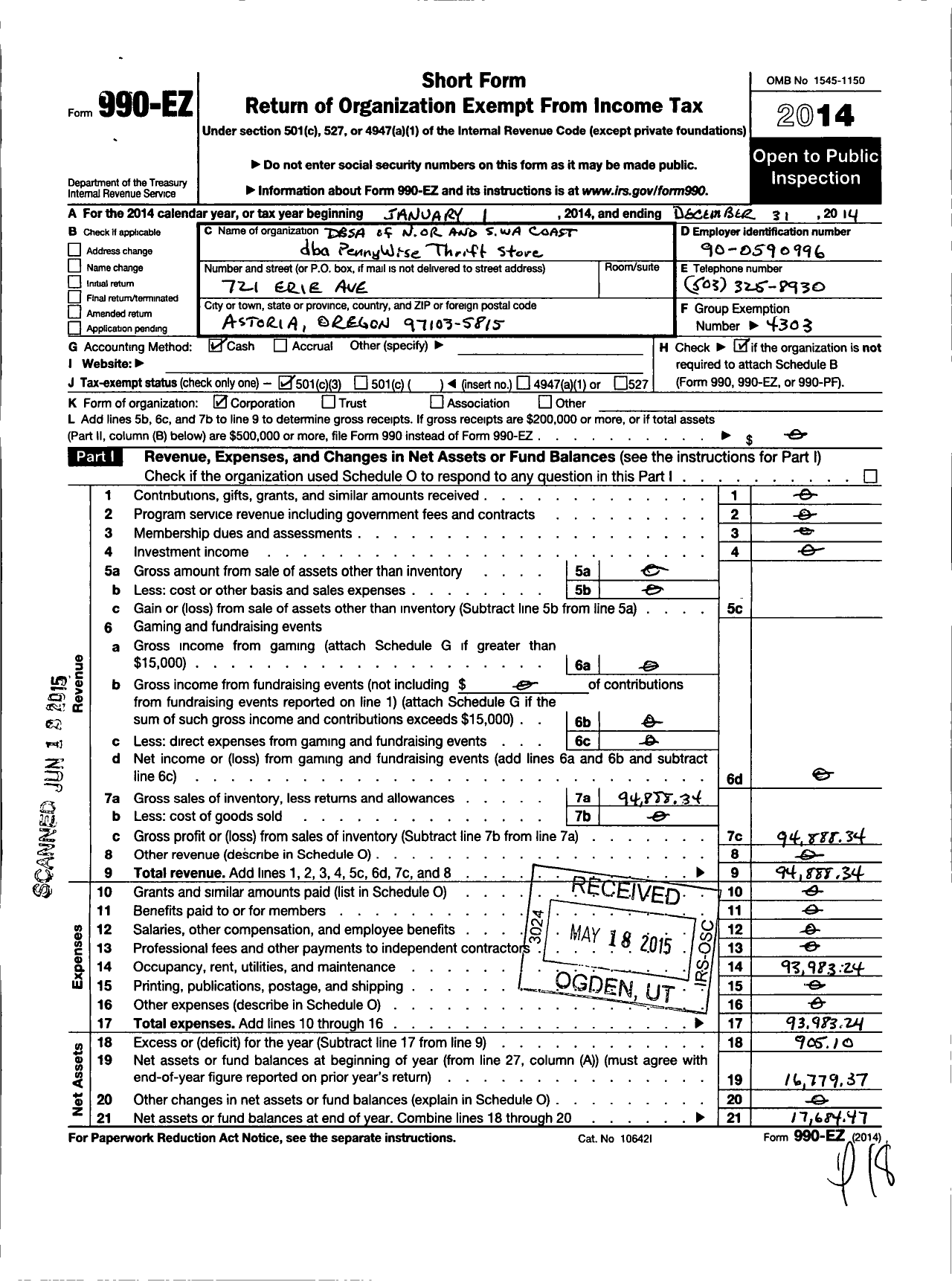 Image of first page of 2014 Form 990EZ for Dbsa of N Or and S Wa Coast