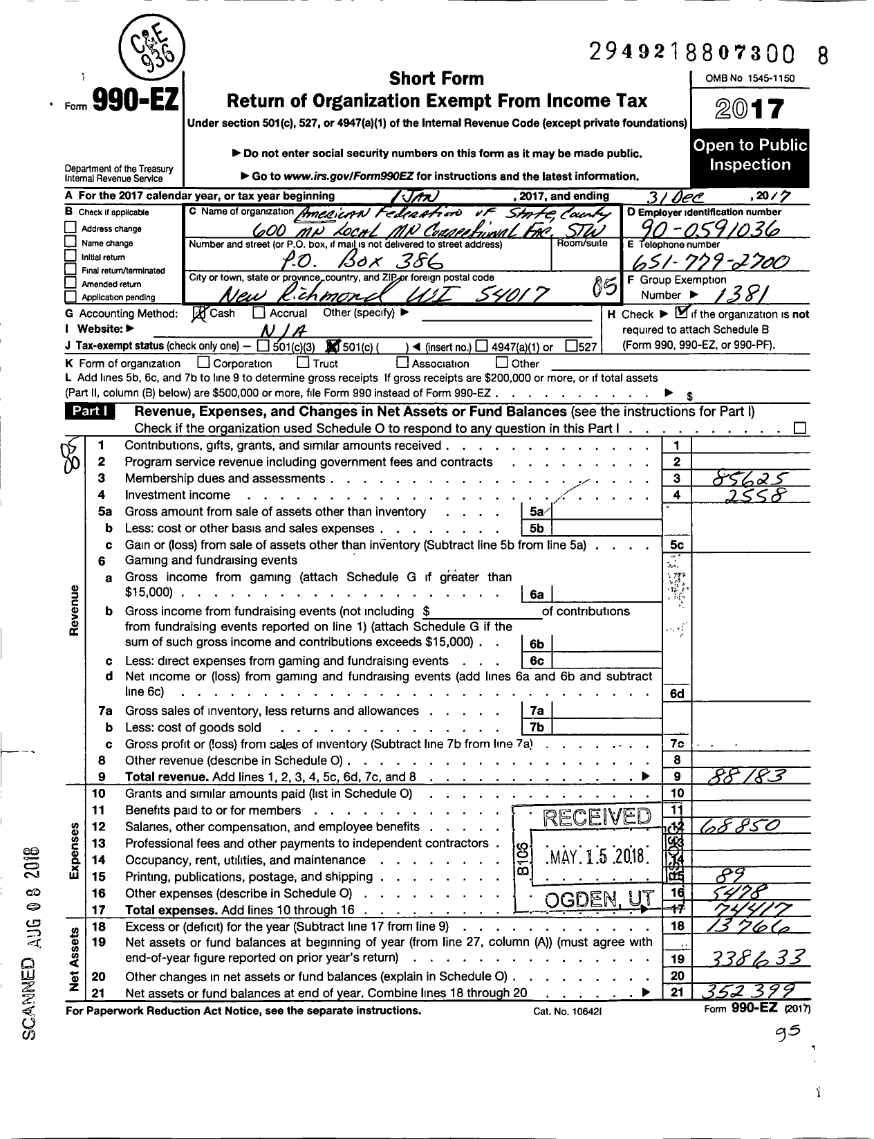 Image of first page of 2017 Form 990EO for American Federation of State County & Municipal Employees - L0600MN MN Corr Facility-Stillwater