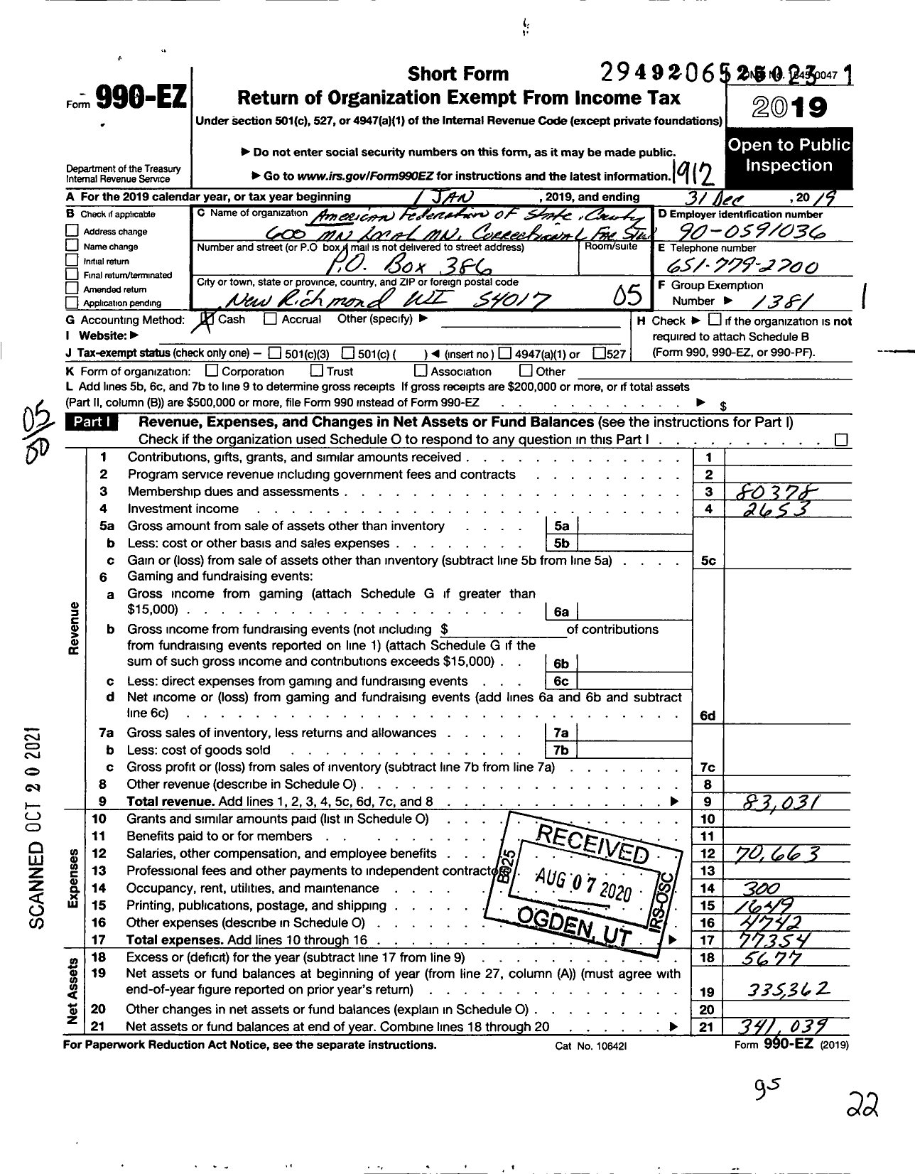 Image of first page of 2019 Form 990EO for American Federation of State County & Municipal Employees - L0600MN MN Corr Facility-Stillwater