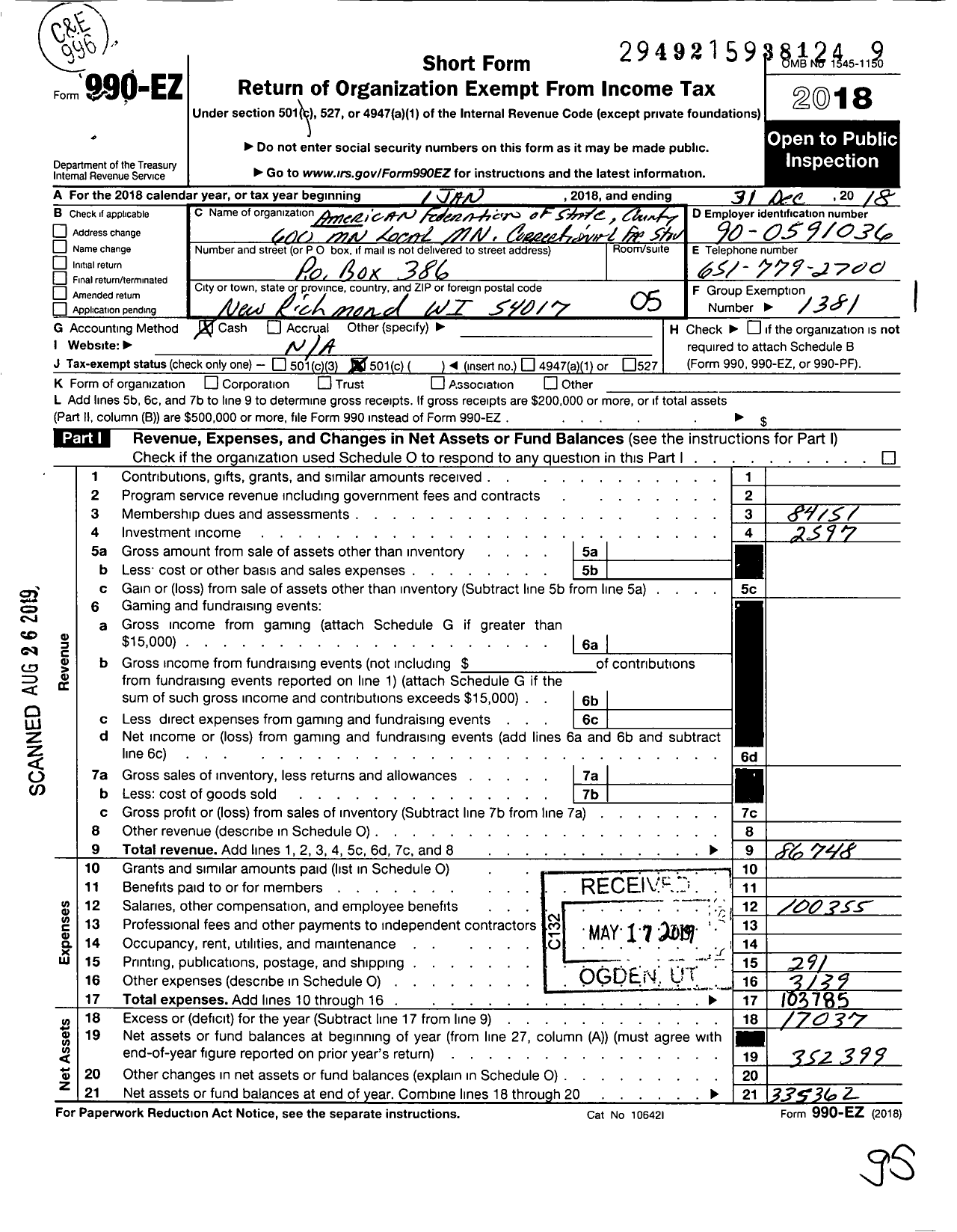 Image of first page of 2018 Form 990EO for American Federation of State County & Municipal Employees - L0600MN MN Corr Facility-Stillwater