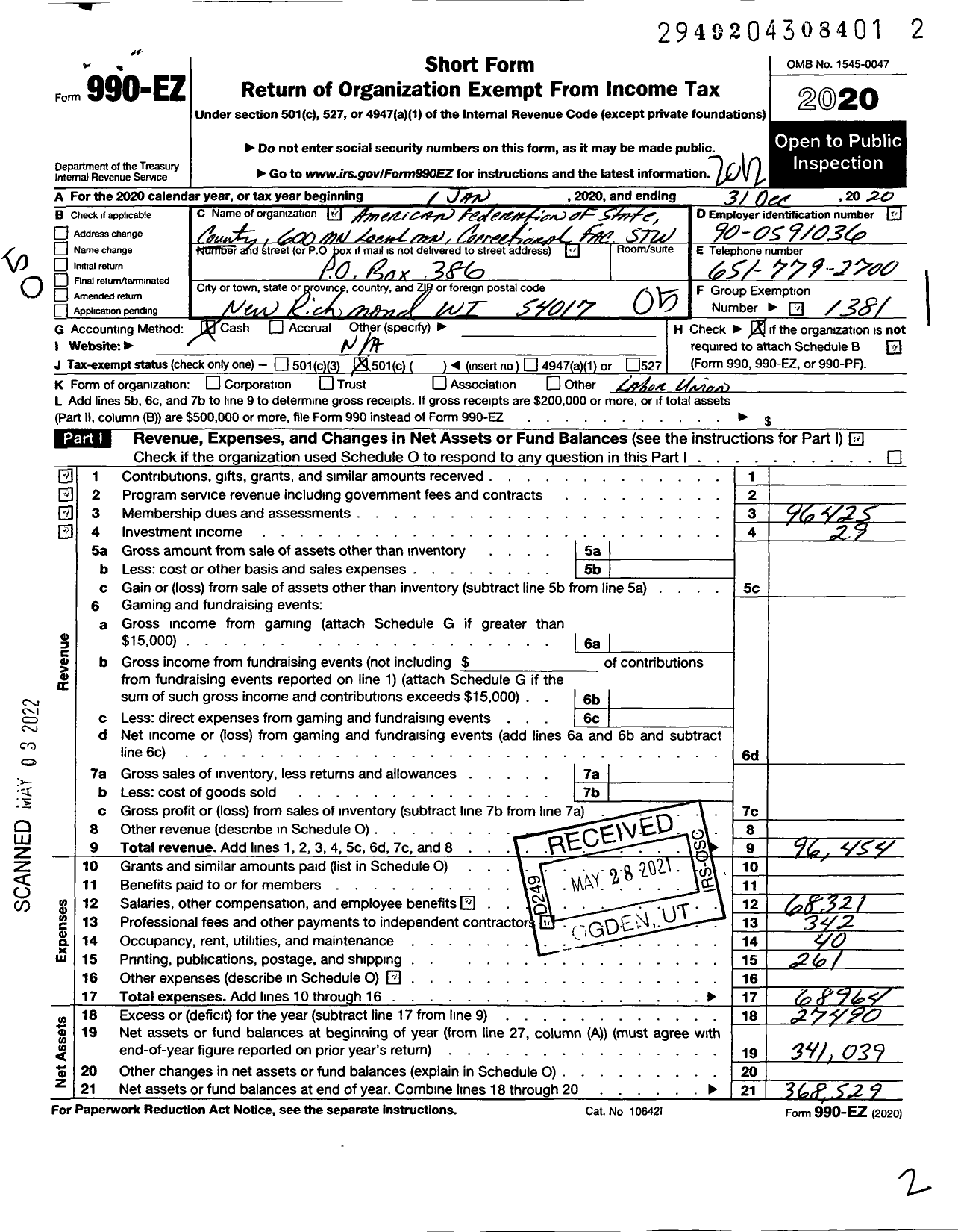 Image of first page of 2020 Form 990EO for American Federation of State County & Municipal Employees - L0600MN MN Corr Facility-Stillwater